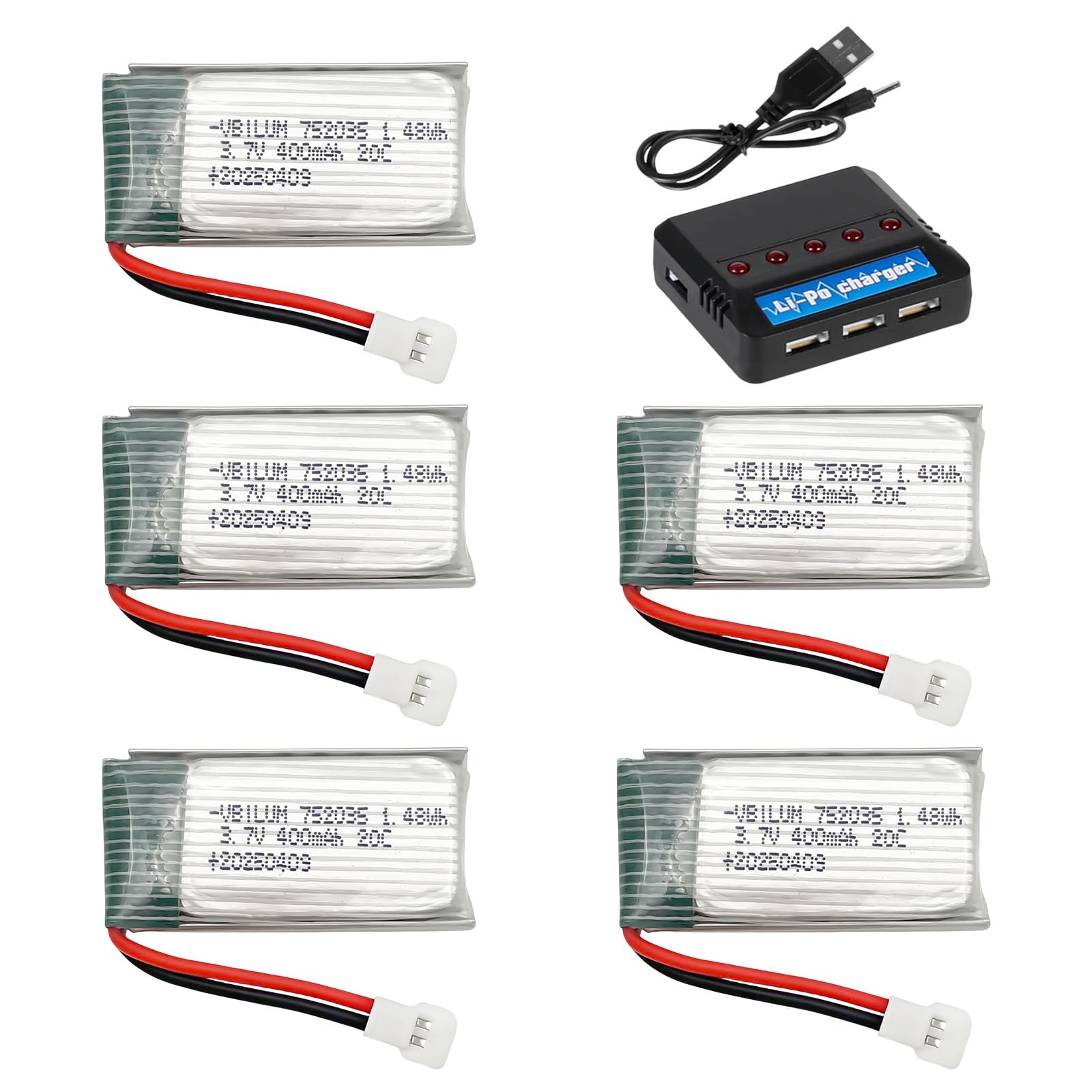 3.7V 400mAh Battery 20C with Molex Plug for RC Aircraft, Mini Drones, Quadcopters, Aircraft Models, Battery with 5-in-1 Charger (Pack of 5)