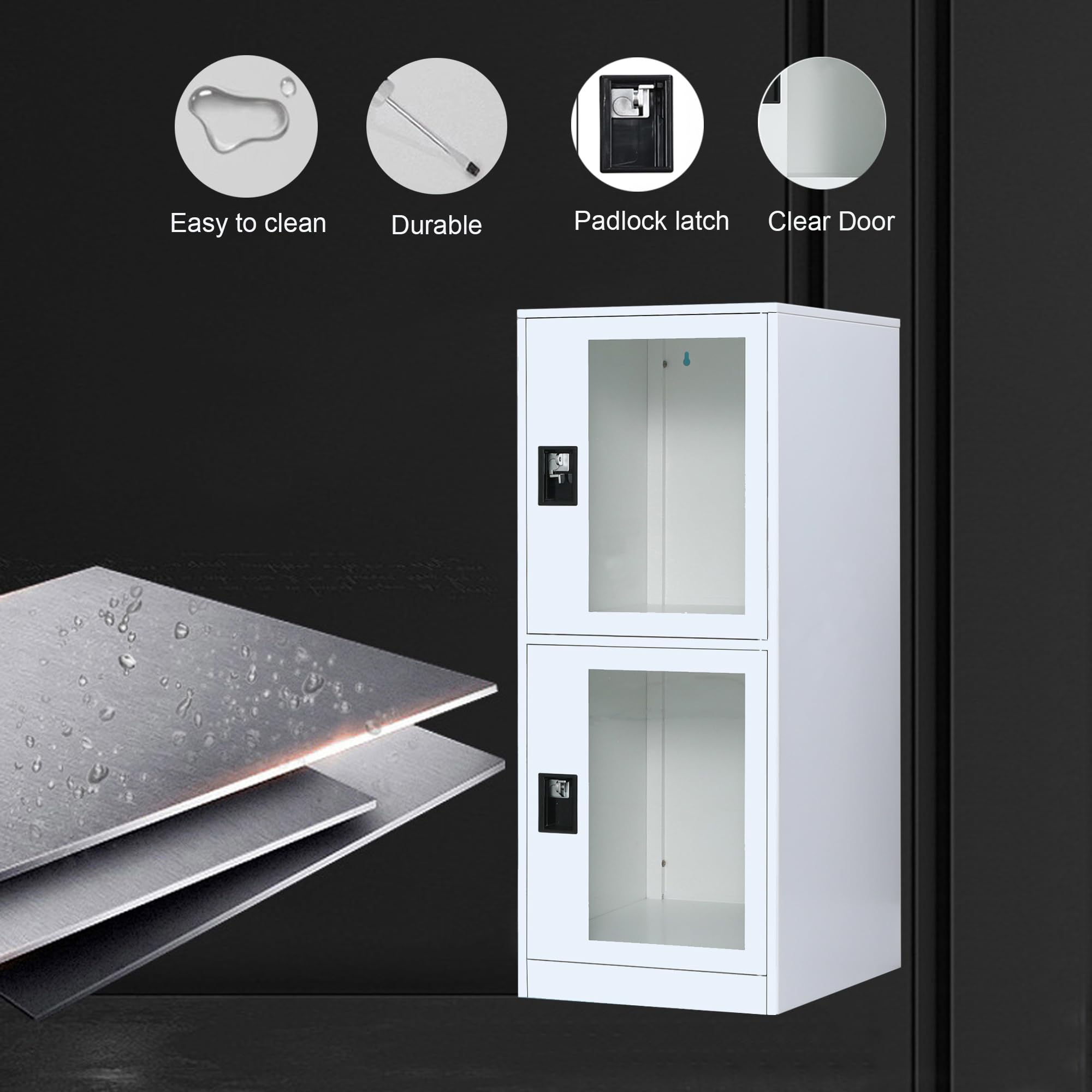 MECOLOR Schrank mit Vorhängeschloss, Büro Aktenschrank mit 2-Glastüren, abschließbarer Nachtschrank im Schlafzimmer, Metallschrank im Wohnzimmer (G2V-FWH)