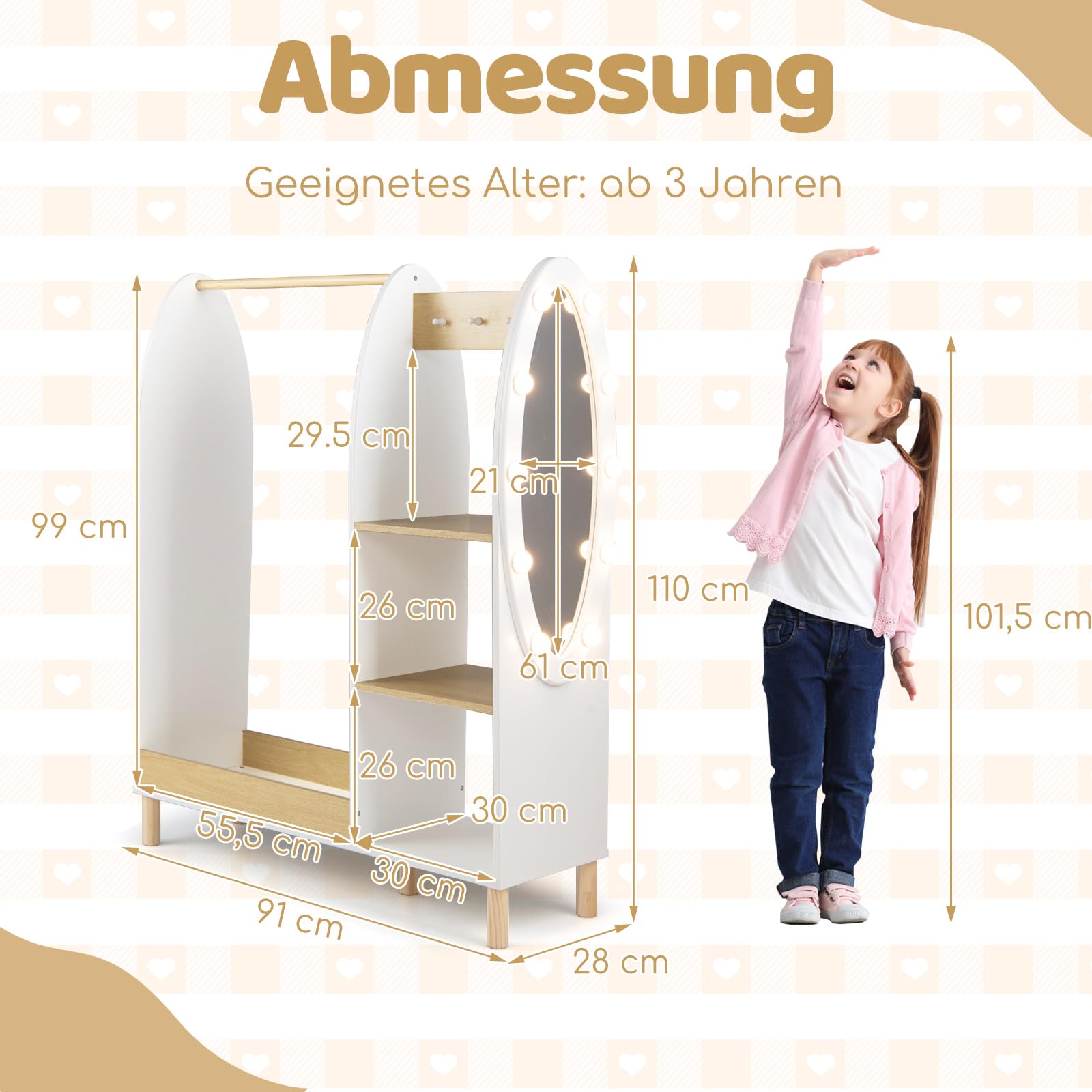 COSTWAY Kleiderschrank Kinder mit Beleuchtung, Kindergarderobe mit Spiegel, Kleiderstange, Regalen & Haken, Kleiderständer aus Holz für Kinderzimmer, 91 x 28 x 110 cm, Weiß