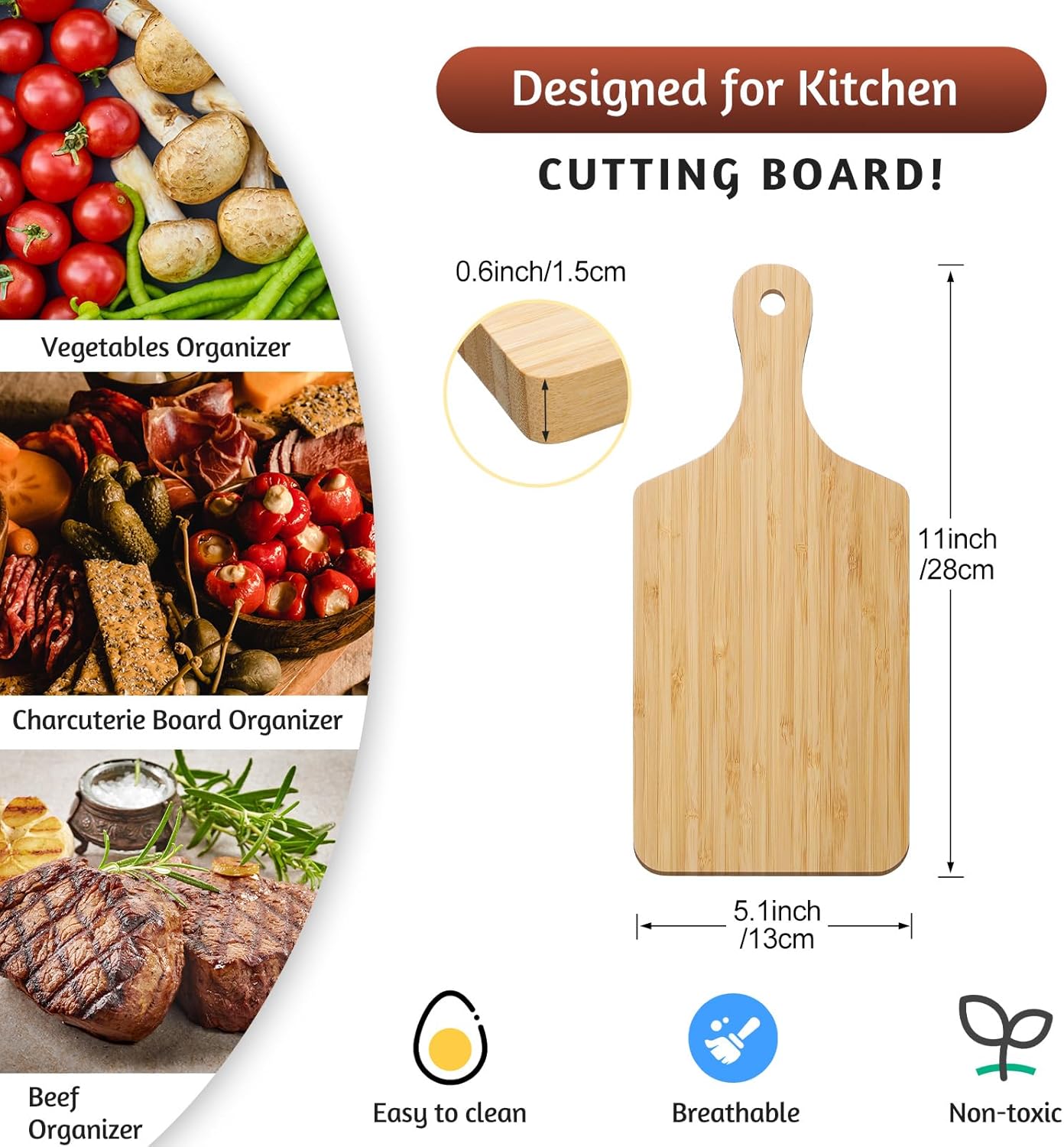 Patelai 6 Pack Thicken Bamboo Cutting Board Bulk, 11x5 Inch Acacia Wood Chopping Crafts Customized Laser Engraving Serving Charcuterie Boards Mother's Day Housewarming Gift,0.60" Thick (Bamboo Wood)