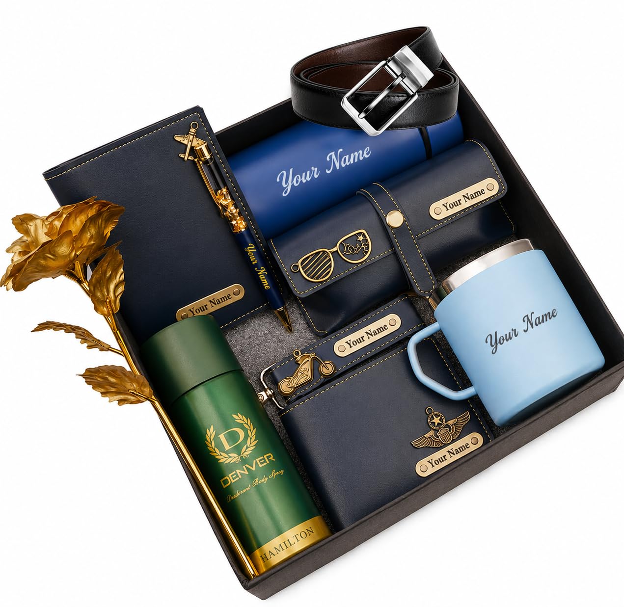 Office Kit Customized Mens Gift Hamper Set Pack of 10 | Men's Wallet Perfume, Passport, Sunglass Cover, Keychain, Water Bottle, Belt, Coffee Mug, Pen, Flower Personalized Gift for Boyfriend, Husband-image-30