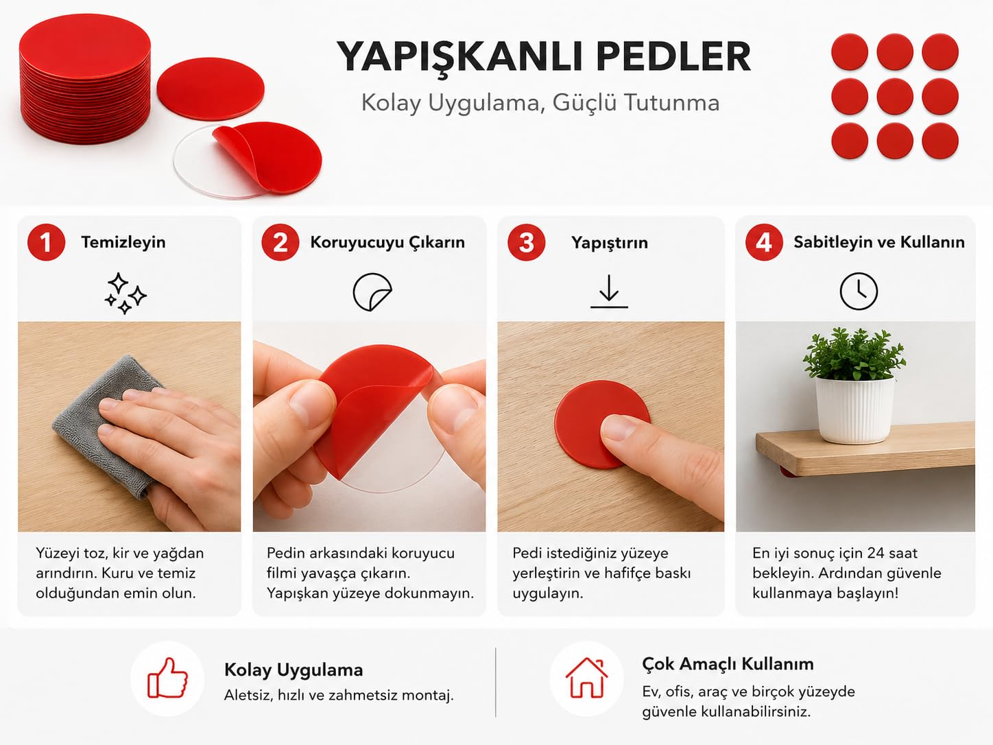 Alper Banyo 50 Adet 35x35 mm Oval Şeffaf Yapışkan Bant, Kırmızı Koruyucu Filmli Güçlü Montaj Pedi, Çift Taraflı İz Bırakmayan Çok Amaçlı Yapışkan Ped
