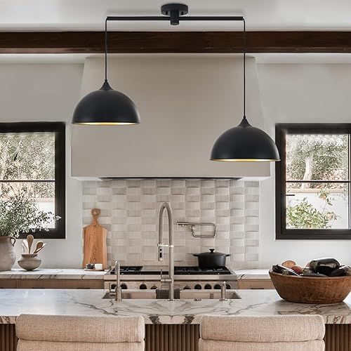 Miniatura 6 de Luces colgantes para isla de cocina, paquete de 2 lámparas colgantes de cúpula negra y dorada, iluminación colgante industrial vintage para granja,