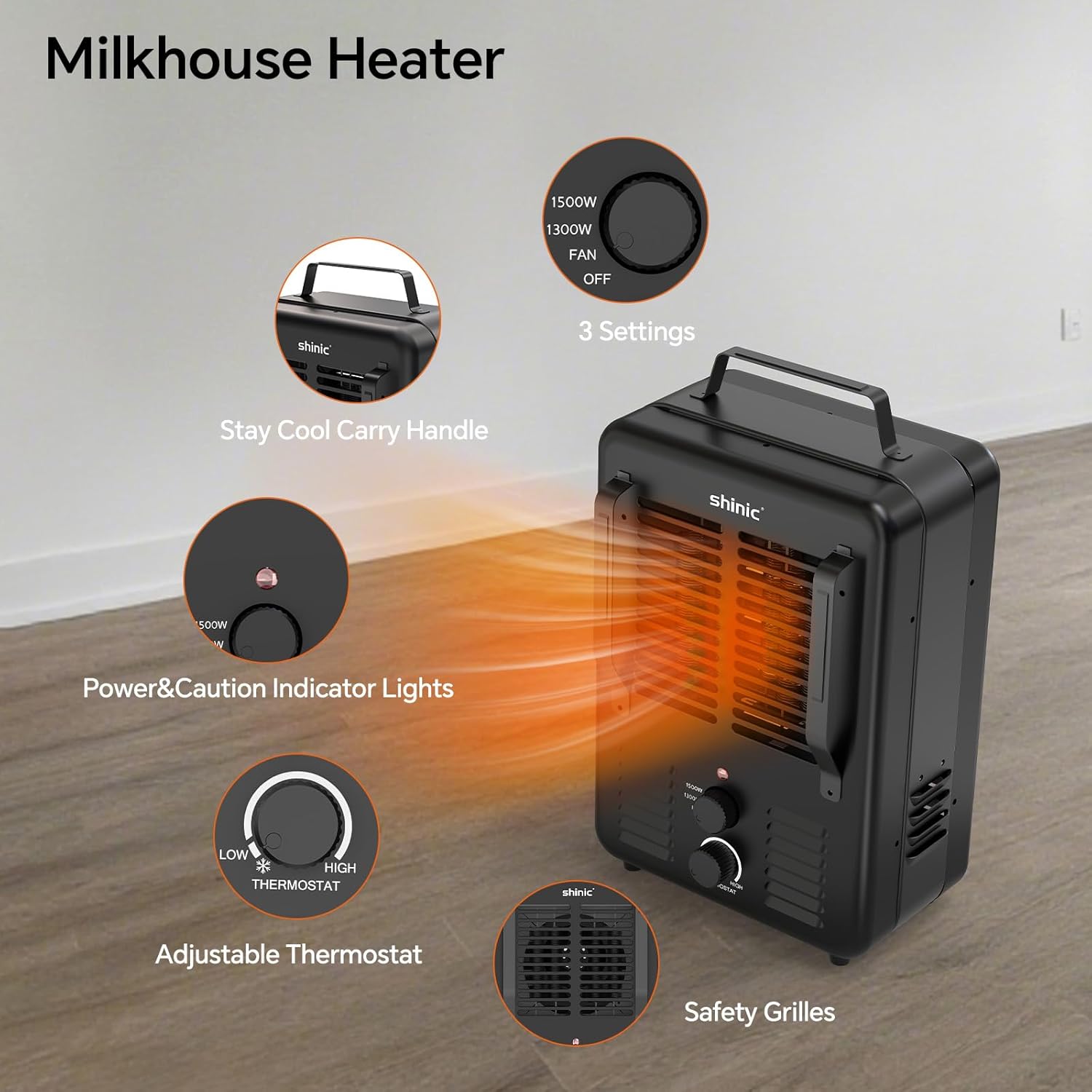 Shinic 1500W Milkhouse Heater, Utility Heater with Adjustable Thermostat, Tip-Over Switch & Overheat Protection, ETL Certified for Garage, Farm, Workshop,Black