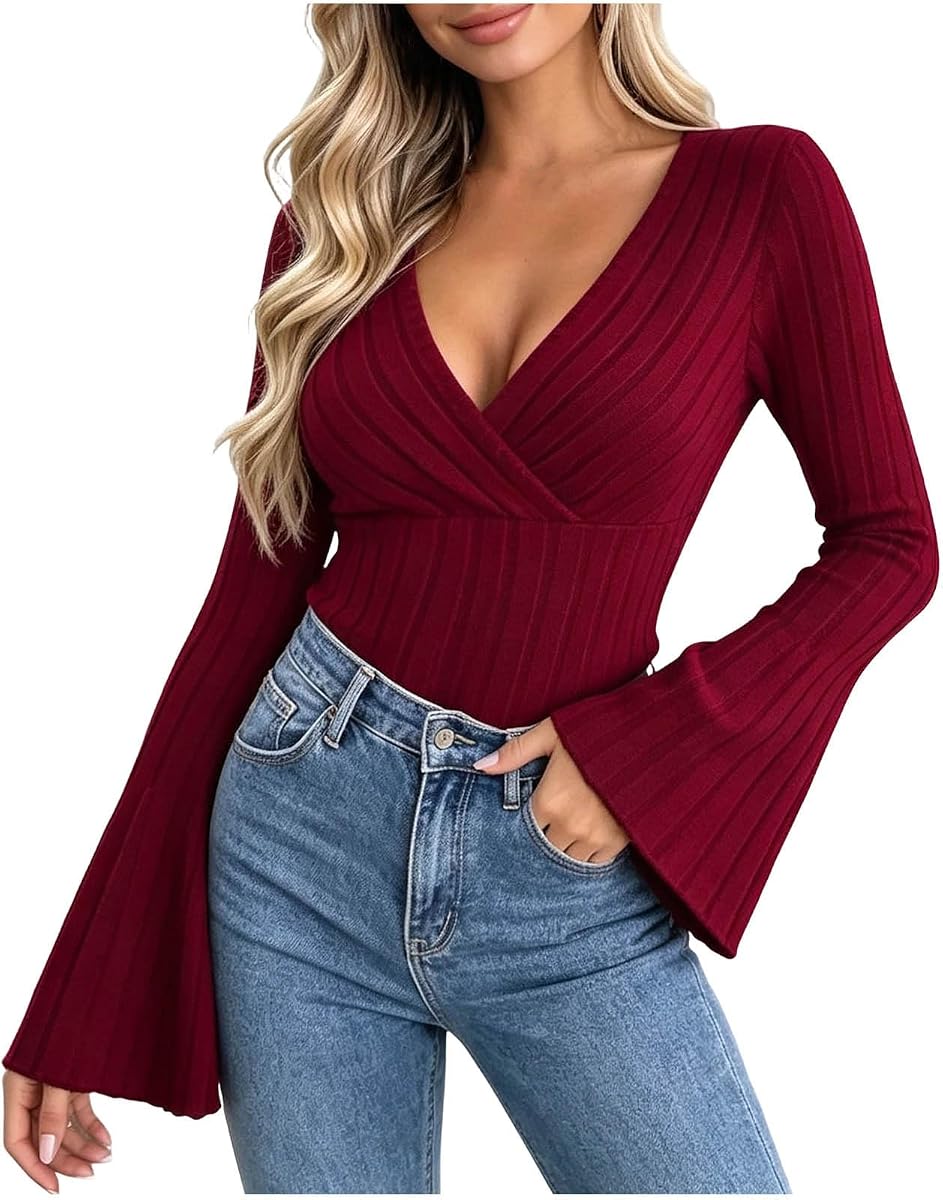 Women's Wrap Sweater V Neck Ribbed Knit Bell Sleeve Pullover Top