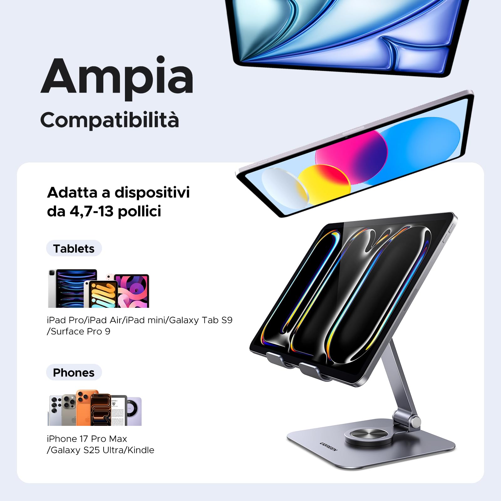 UGREEN Supporto per Tablet Pieghevole Rotante in Alluminio, Compatibile con iPad Pro Air Mini Samsung Tab Redmi Pad iPhone Galaxy S25 Ultra 4-12.9"