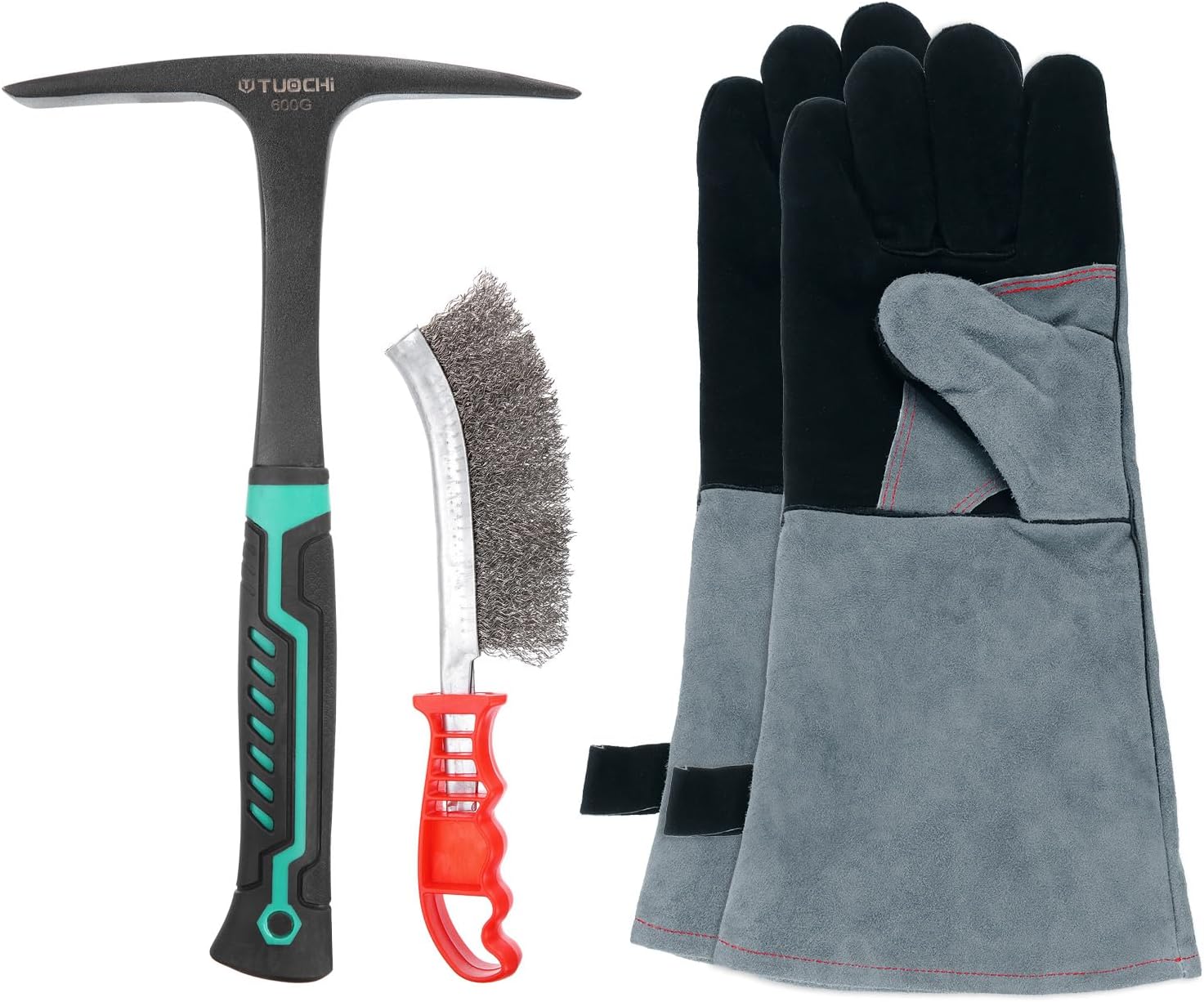 HARFINGTON 3pcs 28oz Welding Chipping Hammer with 9.8" Welding Steel Wire Brush and 16" Welding Gloves Slag Remove Tool Kit for Rock Pick Forged Brick, Black
