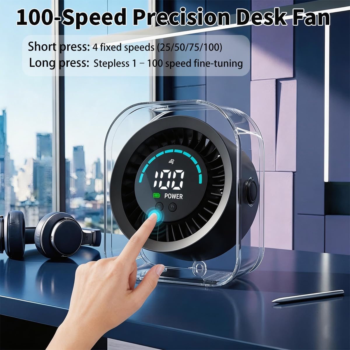 Small Desk Fan, Quiet Desktop Fan with Turbo Airflow, Rechargeable Mini Table Fan 100 Speed Wind Adjustable, Travel Fan for Sleeping 90° Rotating, Portable Small Fans for Office Home Travel