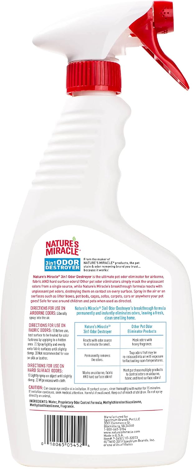 Nature's Miracle Pet Odor Eliminator, 3-In-1 Odor Destroyer, Airborne, Fabric and Hard Surface Floors, 24 oz Fresh Linen Scent