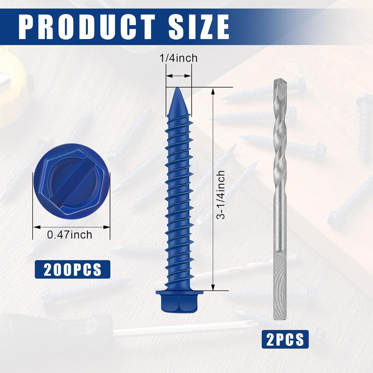 MorningRo 200 Qty 1/4" x 3-1/4" Hex Head Concrete Screws Anchor with Drill Bits Blue Slotted Hex Screws for Anchor Masonry, Block, Brick, Cement, Stucco, Diamond Point and Wood Fastening