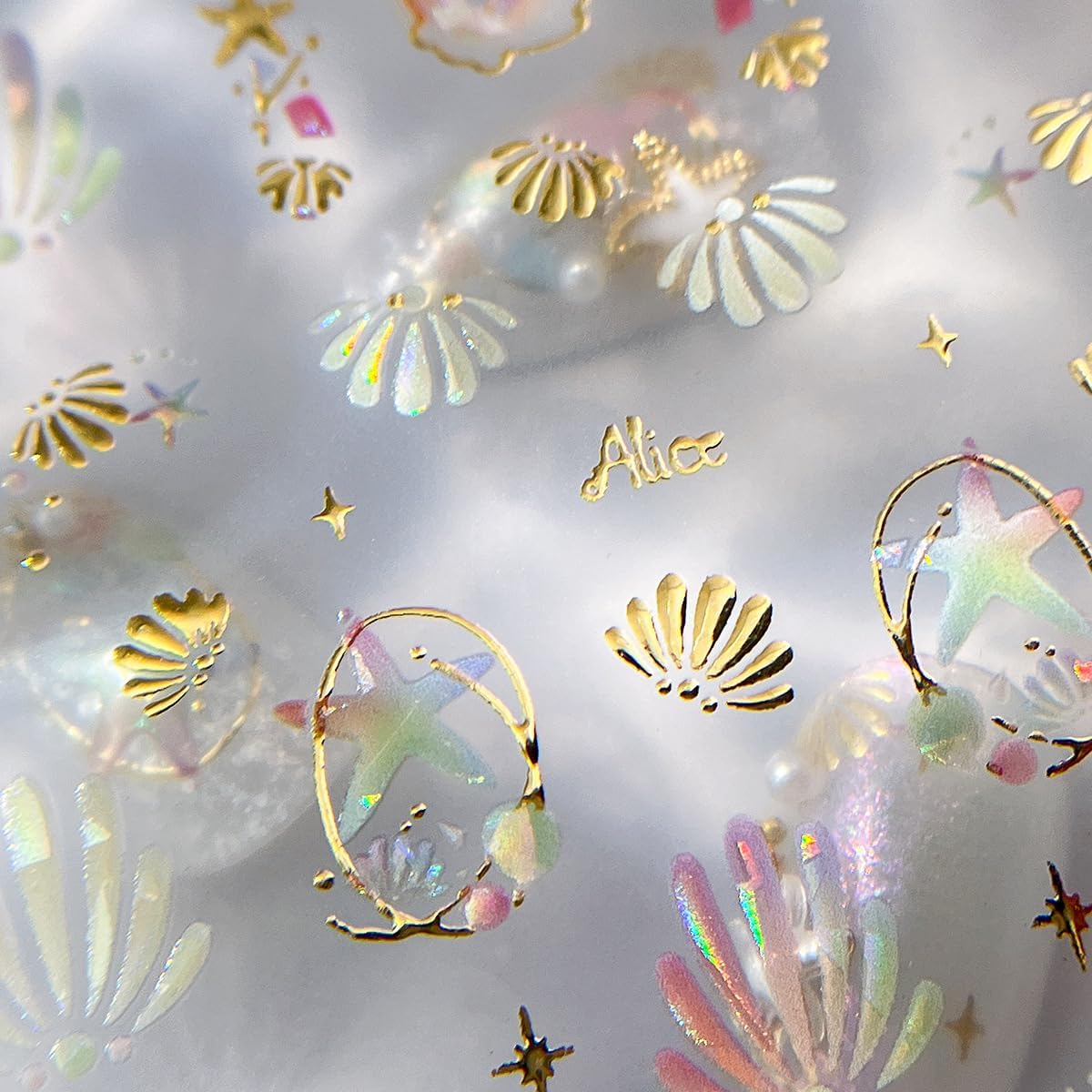 Shell Nail Stickers for Nail Art - YEFIUO Starfish Nail Art Stickers Summer Ocean Beach Glitter 5D Embossed Nail Decals Self-Adhesive Nails Supplies Manicure Sliders DIY Stuff for Nails Decoration