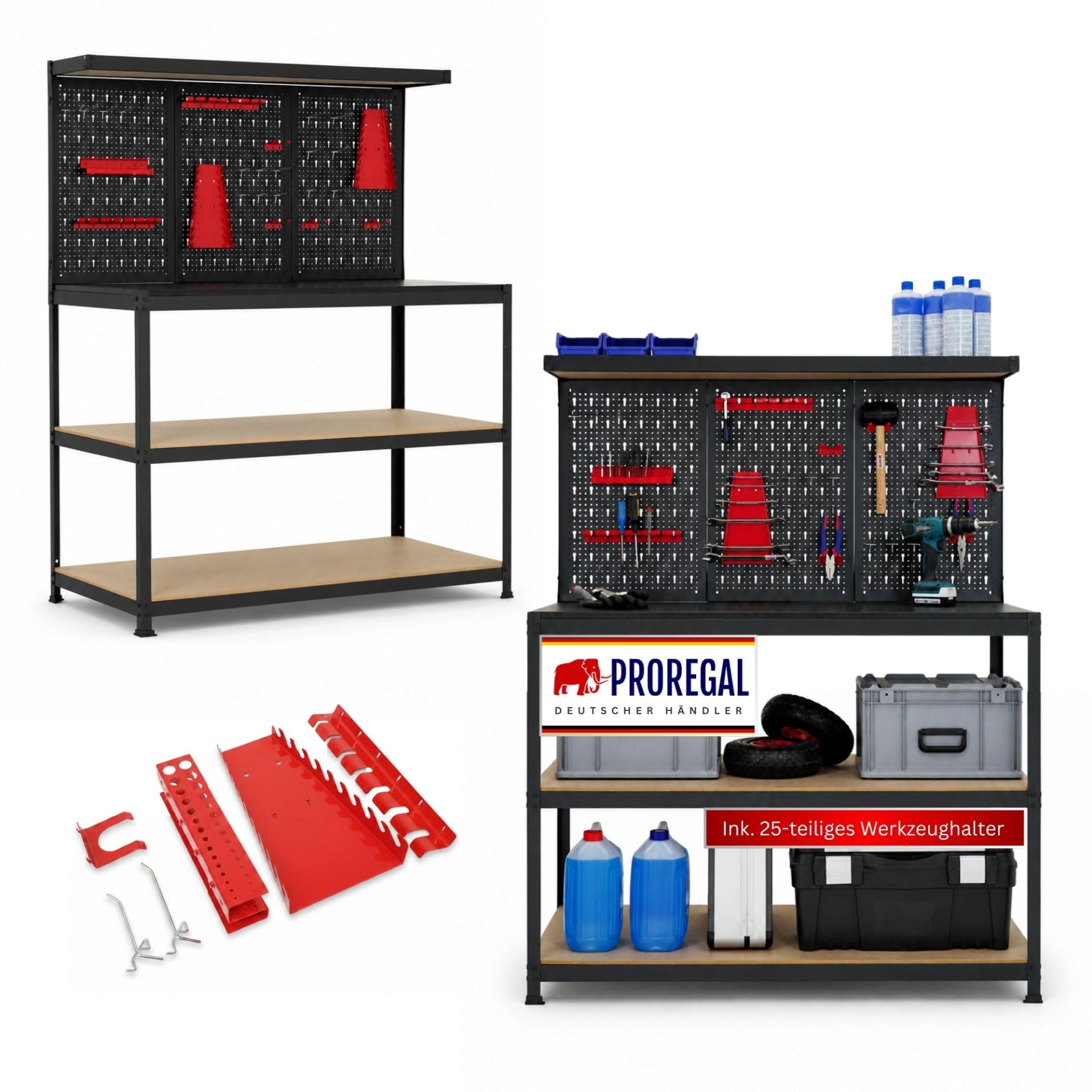 PROREGAL Profi Werkbank ARES mit Werkzeug Lochwand für Werkstatt 155x120x60cm Fachlast 150kg inkl. Werkzeughalter Schwarz Werktisch mit Lochplatte Werkzeugbank Arbeitstisch mit Werkzeugwand Werktisch