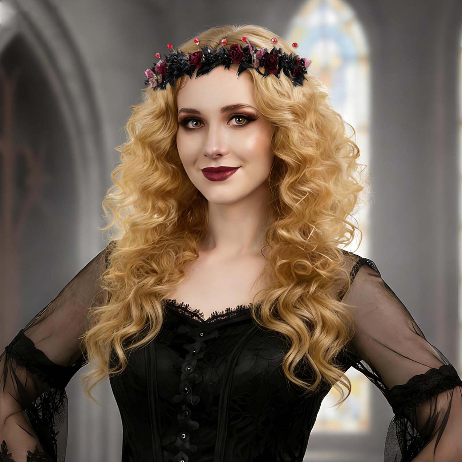 Black Gothic Flower Crown, Dark Red Fairy Butterfly Floral Headpiece, Woodland Goth Elf Flower Headband for Women Renaissance Halloween Witch Cosplay Festival Party Hair Accessories - Image 2