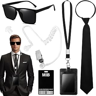 Agente disfarce acessórios, 6 peças kit de disfarce de agente secreto preto com gravata, óculos de sol, porta-cartões, tubo de auriculares, cartão de identificação, auricular adicional