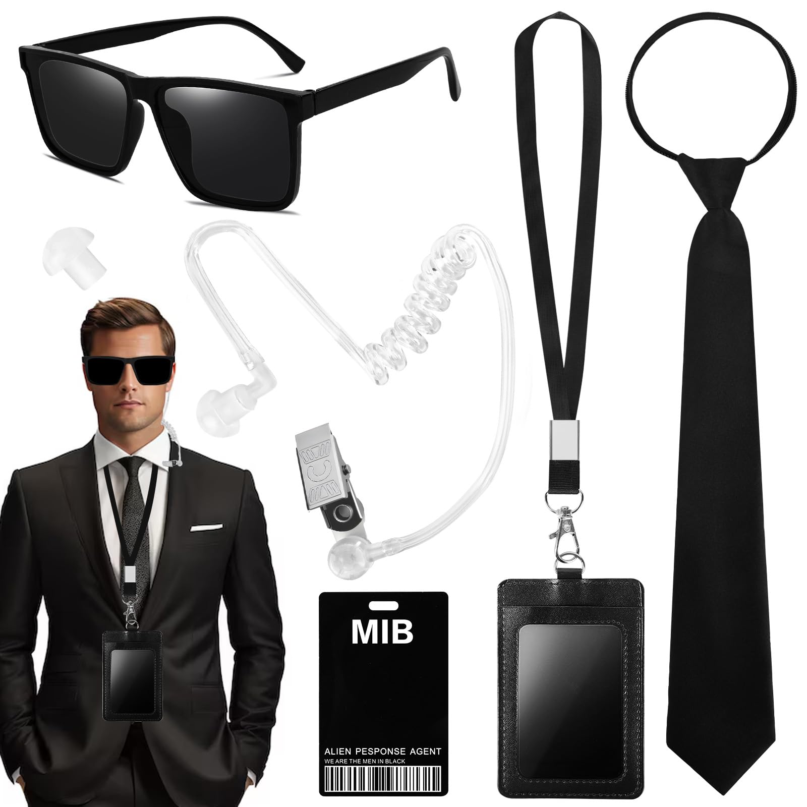 Alaoo Secret Service Costume Accessories, 6 PCS Spy Costume Accessory with Sunglasses, Zip Tie, Secret Service ID, Card Holder, Fake Earphones, Retractable Communication Cable, Agent Accessories Set