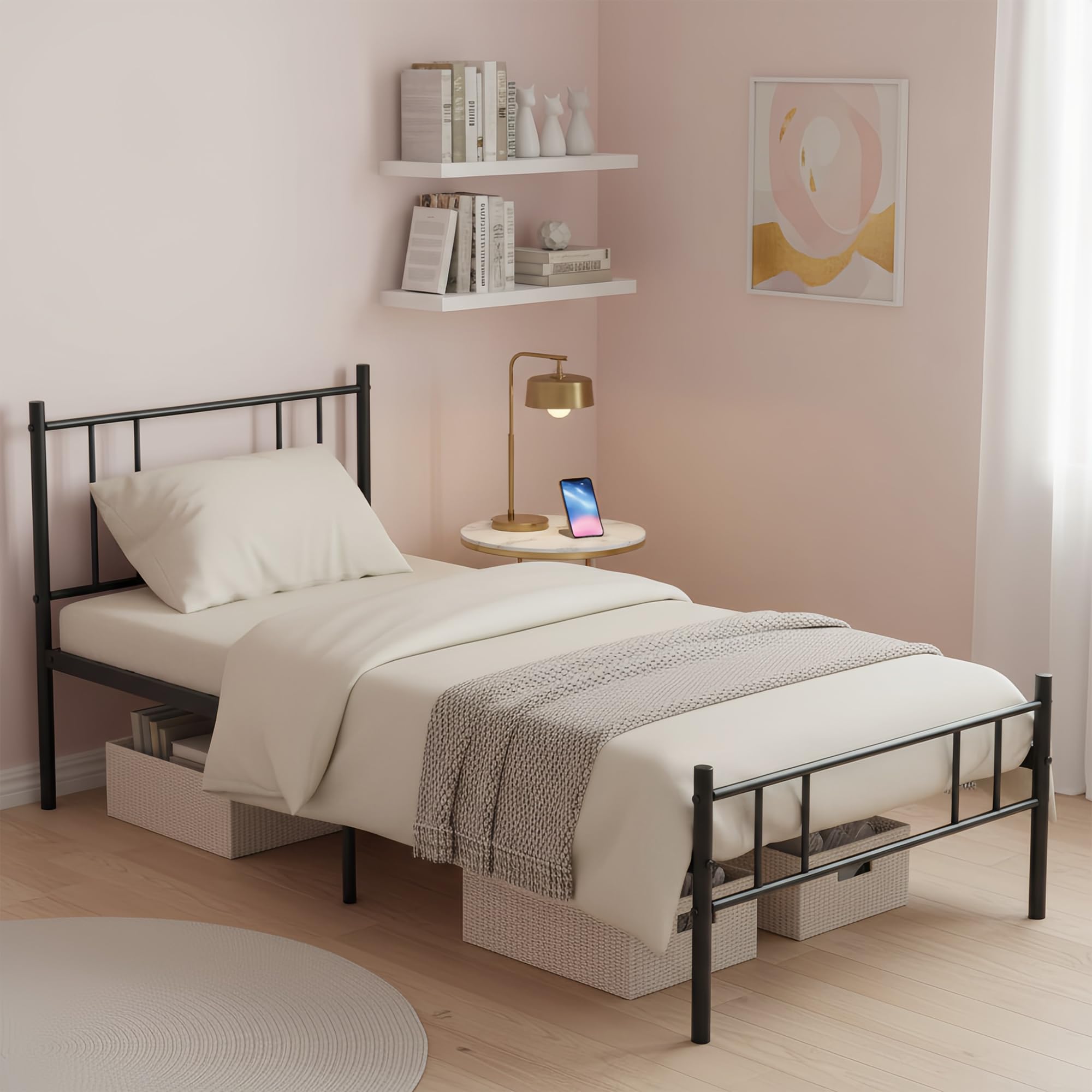 Métal Cadre de Lit, 90 x 190 cm, avec Tête et Pied, Lit Une Place, Adapté aux Petits Espaces, pour Adolescent, Enfant, Adulte, Nombreux Rangements sous, Noir
