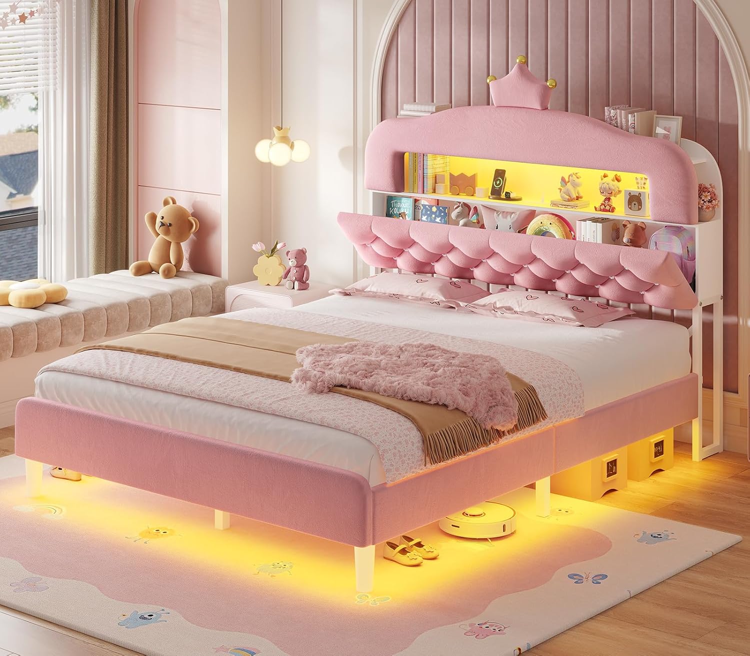 ADORNEVE Twin Upholstered LED Bed Frame with 2-Tier Storage Bookcase, Velvet Princess Platform Bed for Kids/Girls, Headboard with Charging Station & Crystal Button & Crown, No Box Spring Needed, Pink