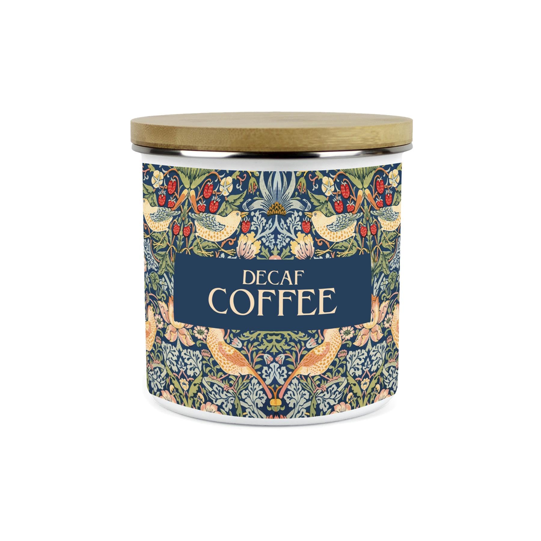 Purely Home Blue Strawberry Thief Decaf Coffee Storage Canister - Morris Inspired Tapestry Artwork - Tea/Coffee/Sugar Enamel Hot Drinks Kitchen Container