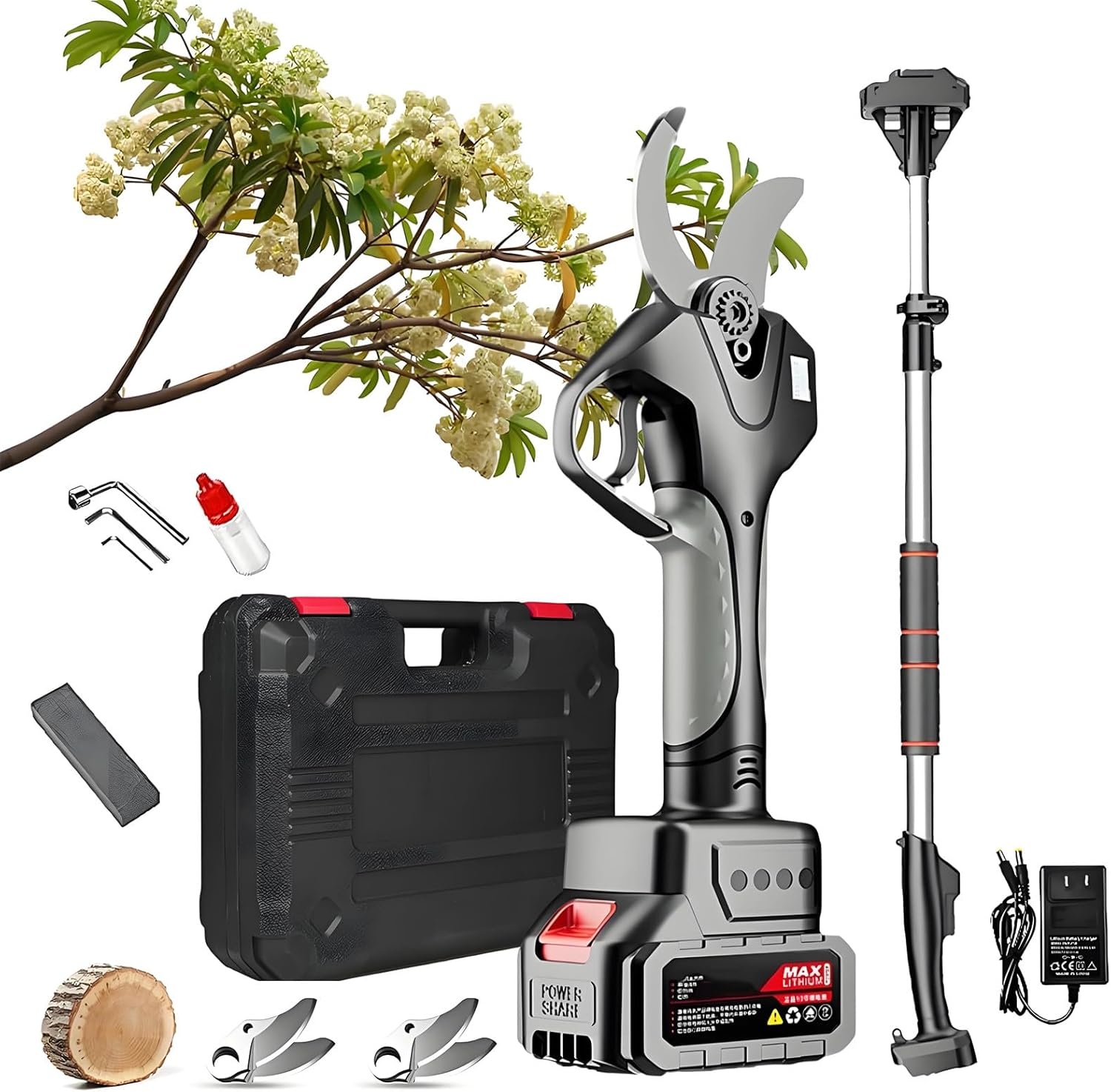 Electric Pruning Shears, 50mm Cutting Diameter Electric Pruners for Gardening Heavy Duty with 4.3-7.1ft Scalable Extension Rod, 2 Battery and Charger