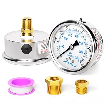 MEANLIN MEASURE 05000Psi Stainless Steel 1/4" NPT 2.5" FACE DIAL Liquid Filled Pressure Gauge WOG Water Oil Air Center Back Mount, with 1/2" NPT and 3/8" NPT Hex Bushing