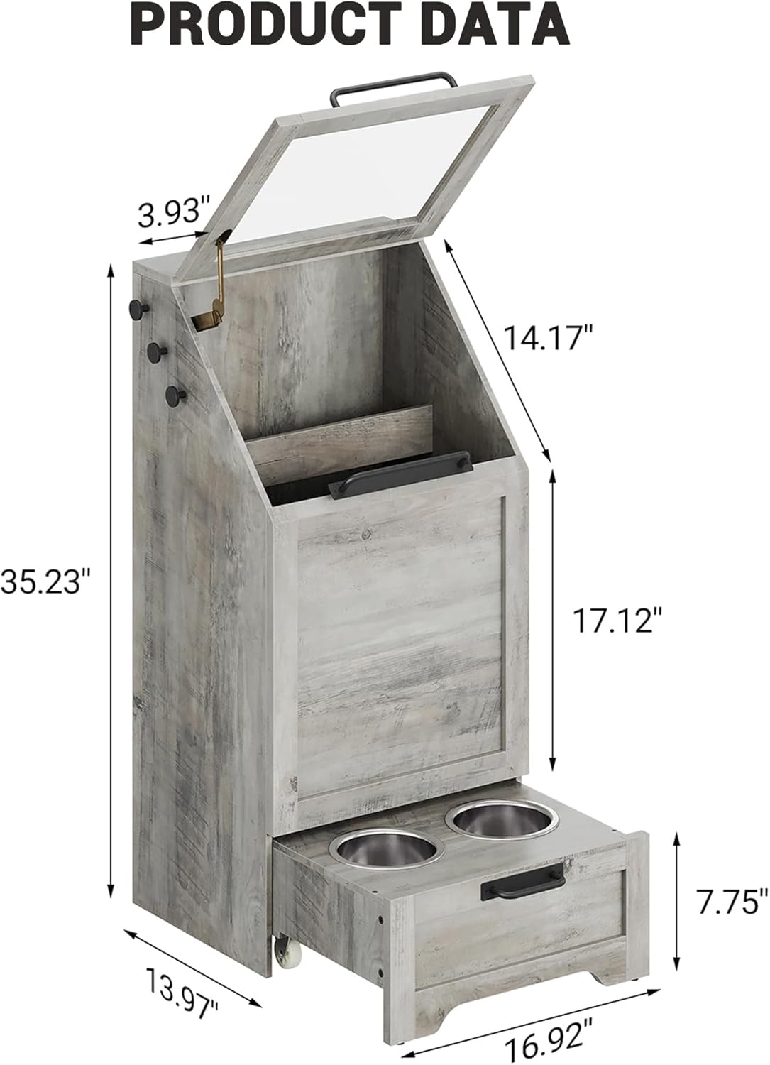 Flip Top Dog Food Storage Cabinet,with 2 Removable Stainless Steel Bowls,3 Hooks, Hidden Design,Large Capacity Dog Food Storage Cabinet,Pet Toy Storage Organizer,Grey