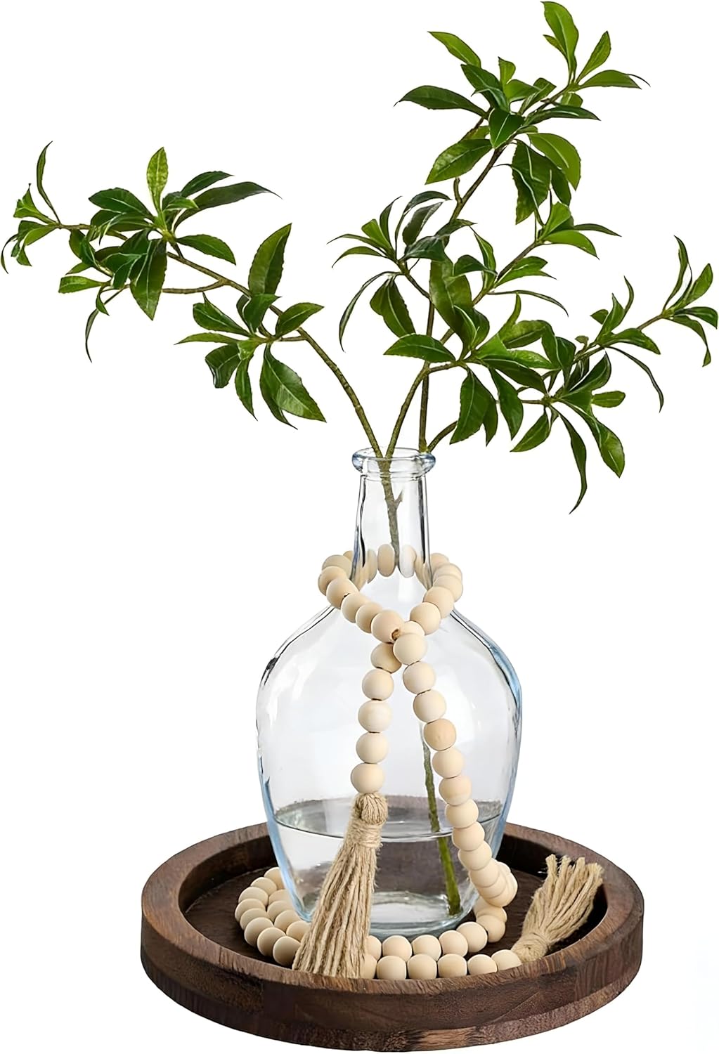 3 Pcs Rustic Country Tabletop Centerpieces, Boho Clear Tall Glass Vases Decor Wooden Serving Tray Wood Bead Garland with Tassels for Wedding Living Room Home Table Holder(Brown)
