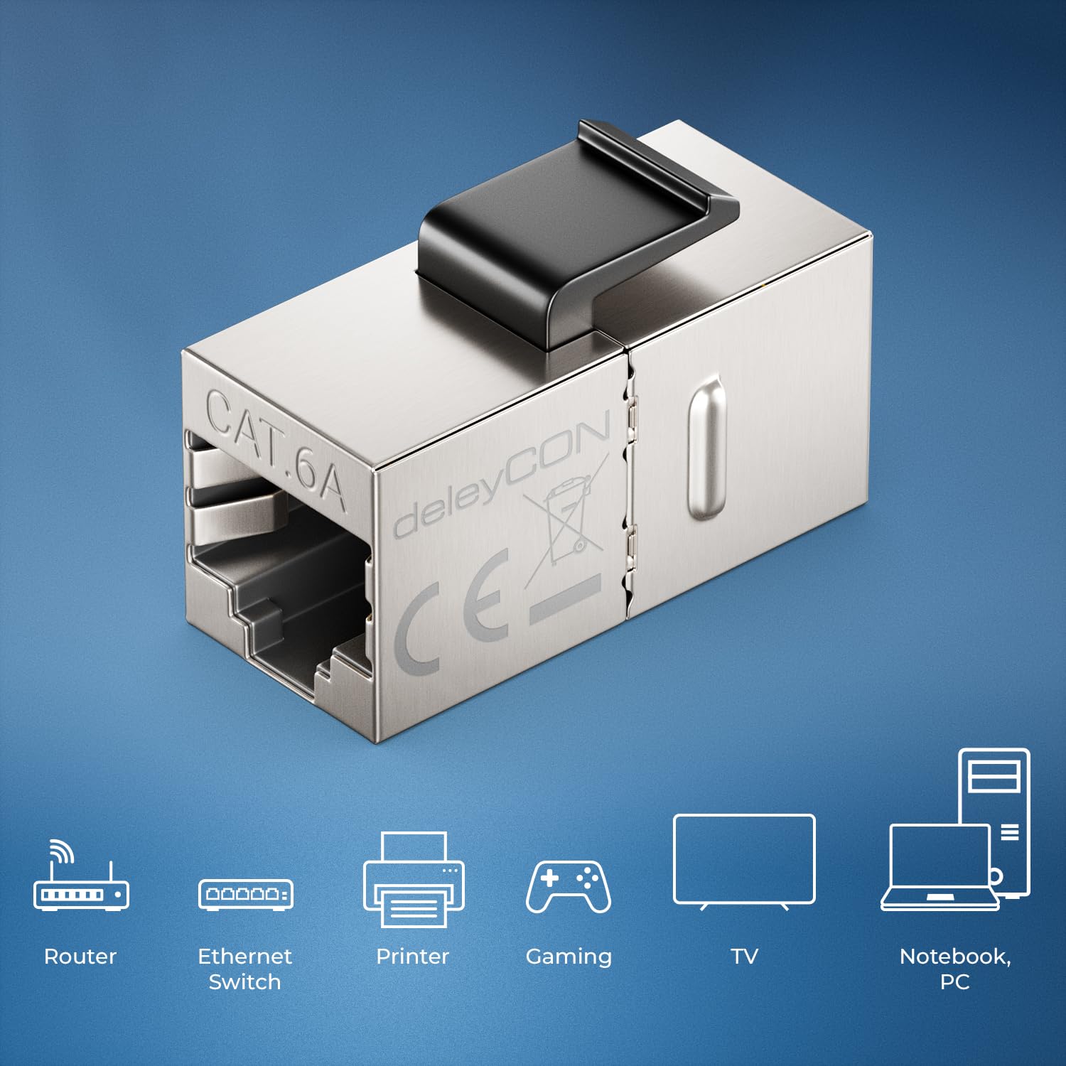 deleyCON Accoppiatore Keystone RJ45 CAT6A (Set da 48 Pezzi) - STP, 2x Presa RJ45, 10 Gbit/s, 500 MHz, Collegamento 1:1 - Argento