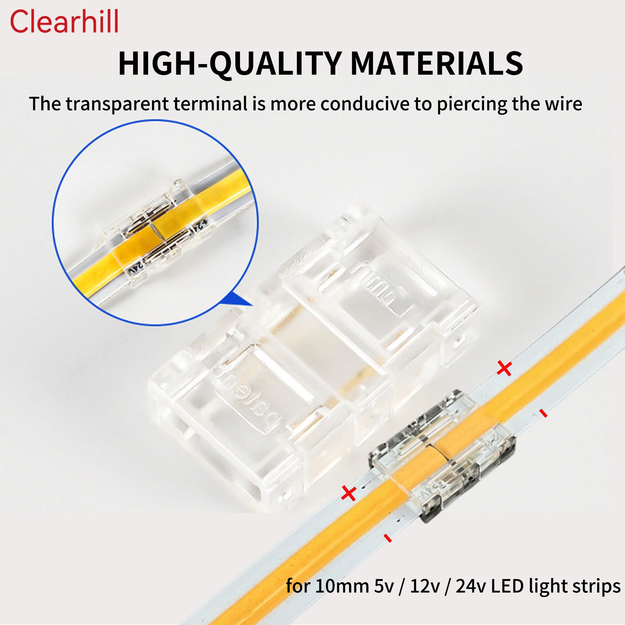 Clearhill 2Pin LED Light Strip Connectors,20Packs-10mm Solderless Quick Adapter for Single Color 5V/12V/24V LED Strips-Durable PVC & Copper,Transparent Terminal for Secure Connection - Image 2