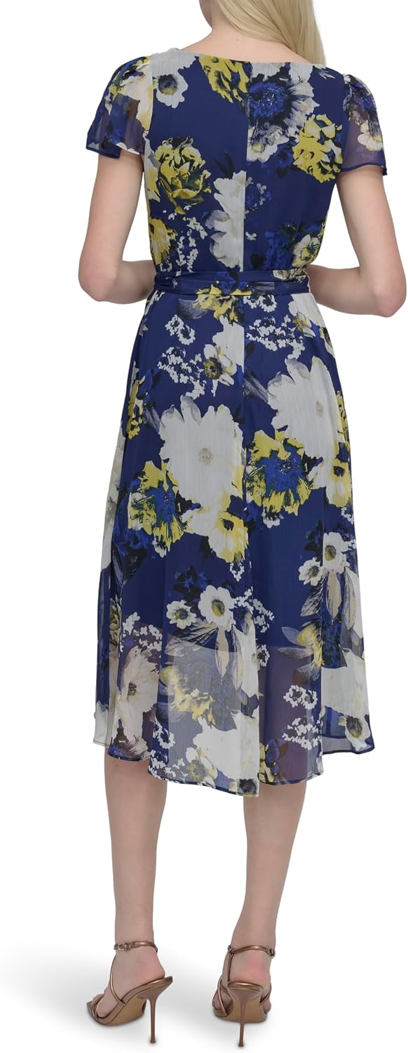 DKNY Womens Flutter Sleeve Surplice Tie Fit & Flare Midi Dress - Image 4