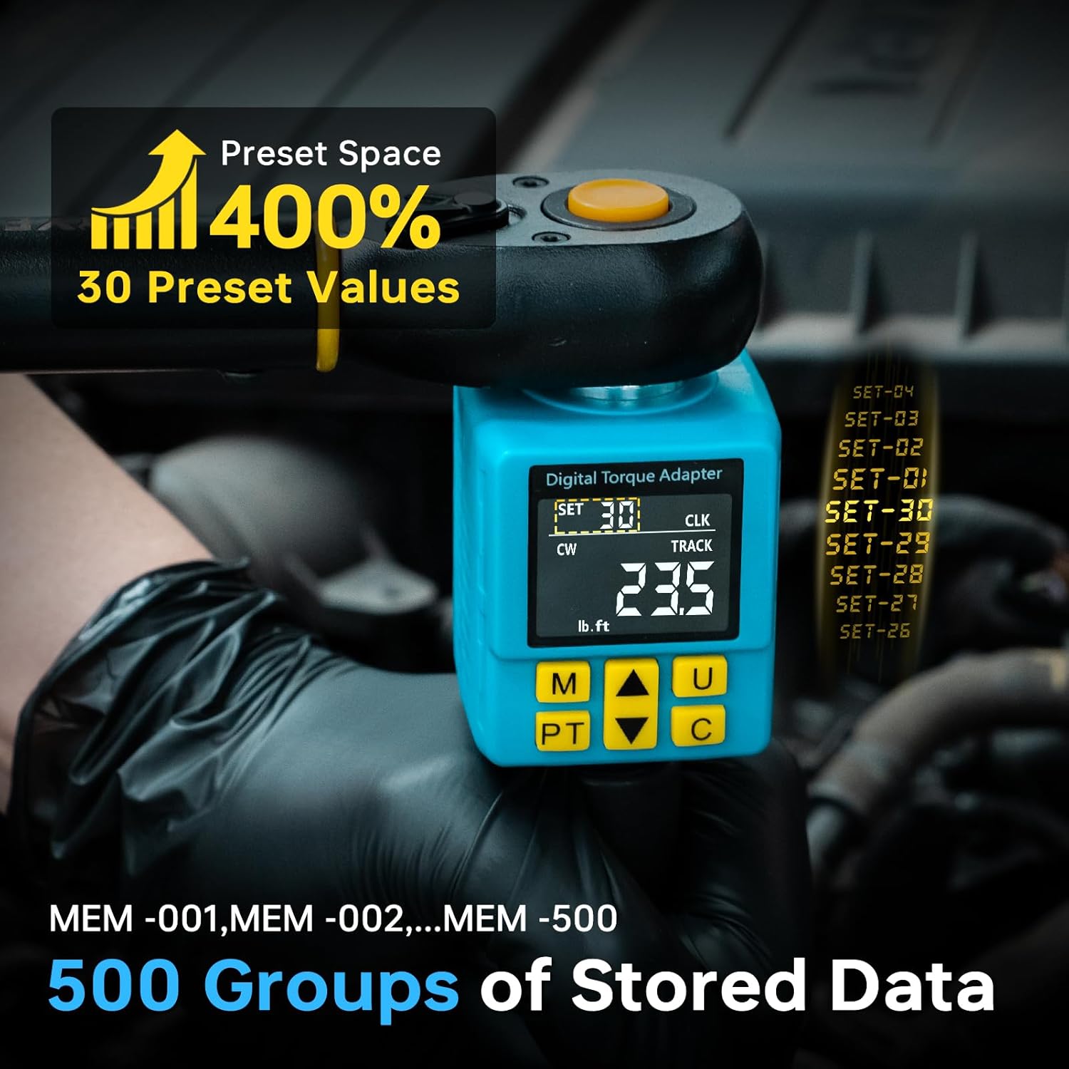 Digital Torque Adapter display showing 'SET 30' for 30 preset values and 'MEM -001' to 'MEM -500' for 500 groups of stored data.