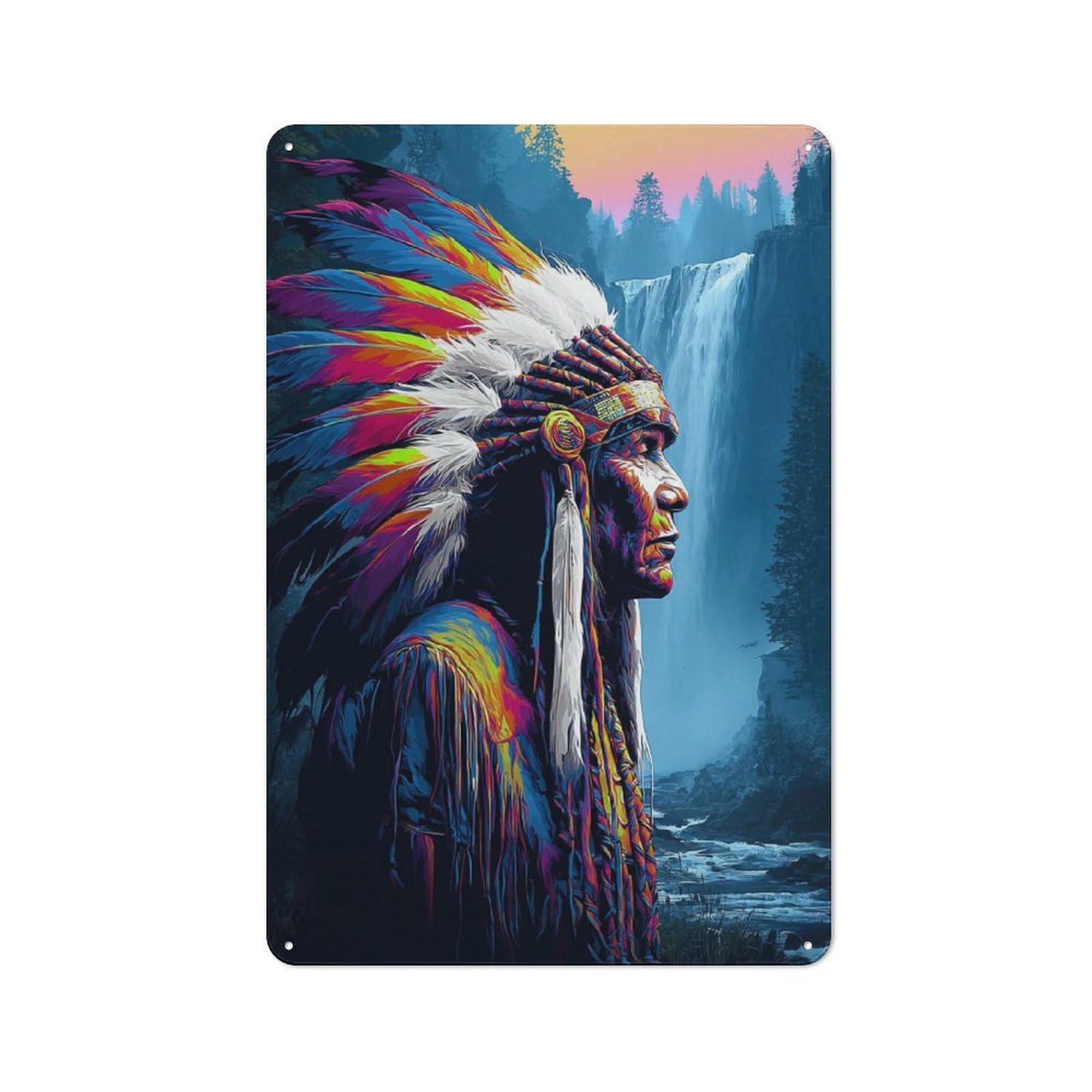 Junmoney Colorful Native American Chief With Feather H Eaddress Metal Gift Sign 30X20cm, Vintage Home Wall Decor For Home, Shop, Pub Or Studio Wall