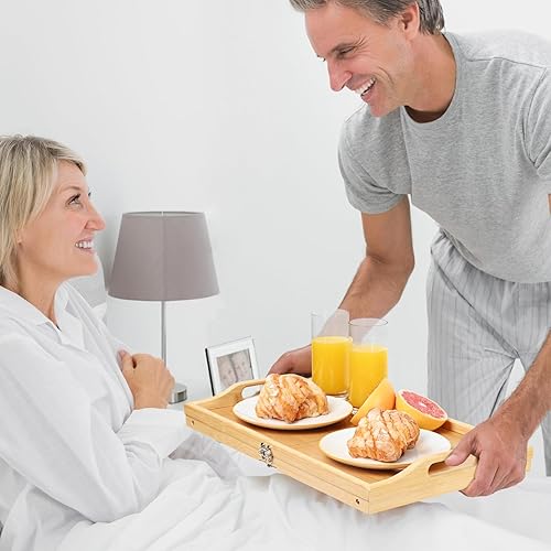 Miniatura 2 de Bandeja de cama de bambú,Bandeja plegable para mesa de cama con asas,Bandeja de desayuno para sofá, cama, comer, aperitivos y trabajo, bambú