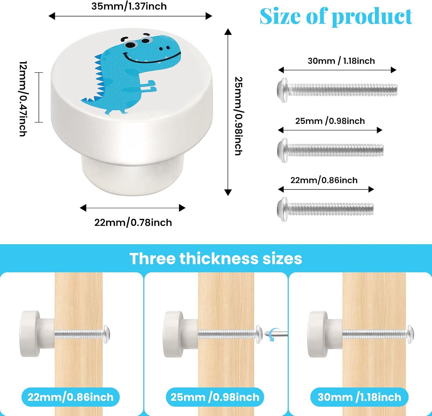Wooden Drawer Knobs Dinosaur Cabinet Knobs Decorative Nursery Dresser Knobs 35mm with 3-Sized Screws for Kids Bedroom Girls Boys Toddler Room (6-Pack)