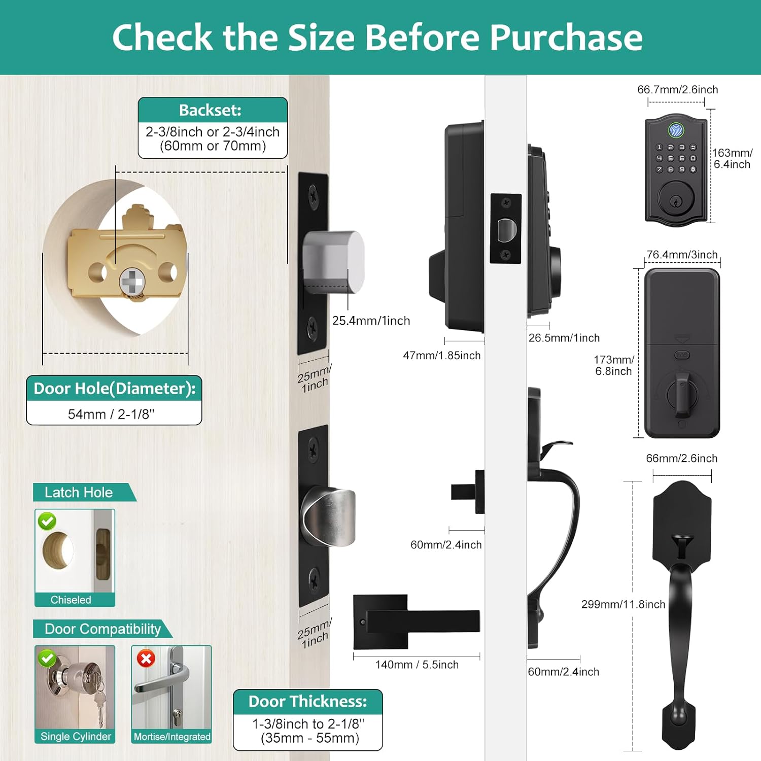 Smart Front Door Lockset, Keyless Entry Deadbolt with Handle, Fingerprint/App/Code/Key Unlock, Anti-Peeping Keypad, Auto-Lock, Easy Install