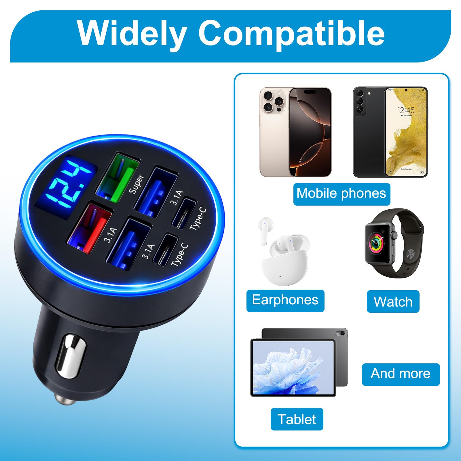 LED USB Car Charger Adapter 6 In 1, 6-Port 12/24V Fast USB Car Charger, 2 Type-C Ports Plus 4 USB Ports Cigarette Lighter USB Charger with Led Voltmeter, Compatible with Most Mobile Phones — view 5