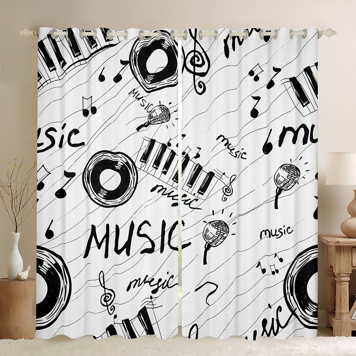 Music Curtain Black and White Music Note Window Drapes for Boys Girls Kids Musical Window Curtains for Bedroom Decor Teens Retro Music Microphone Vinyl Records Window Treatments? 42x63 Inches?2 Panels