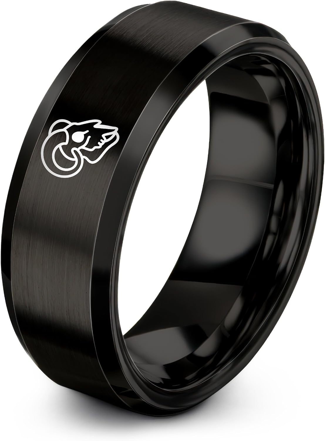 Gift for Ram Lover - Ram Skull Ring - Anniversary Engagement Wedding - Gunmetal Black Silver - Men Women - Tungsten Carbide - Band - Flat Dome Bevel - 8mm - Personalized Custom Engraving