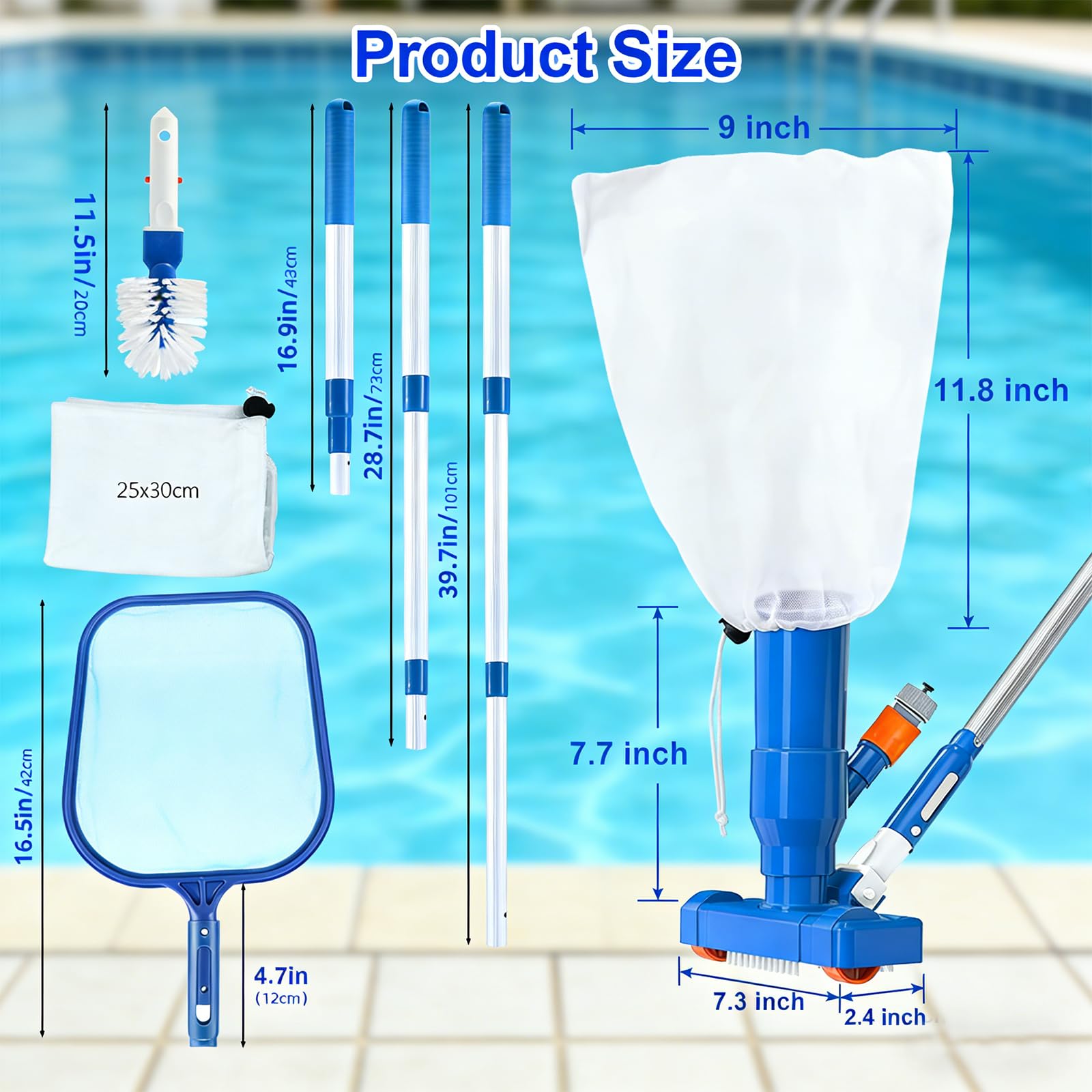 Pool Bodensauger Set, Tragbarer Jet Vacuum Head Pool Staubsauger mit Teleskopstange, Pool Reinigungsset mit Scheuerbürste und Skimmernetz für Schwimmbadreinigung Blätter Schmutz Sand Schlamm