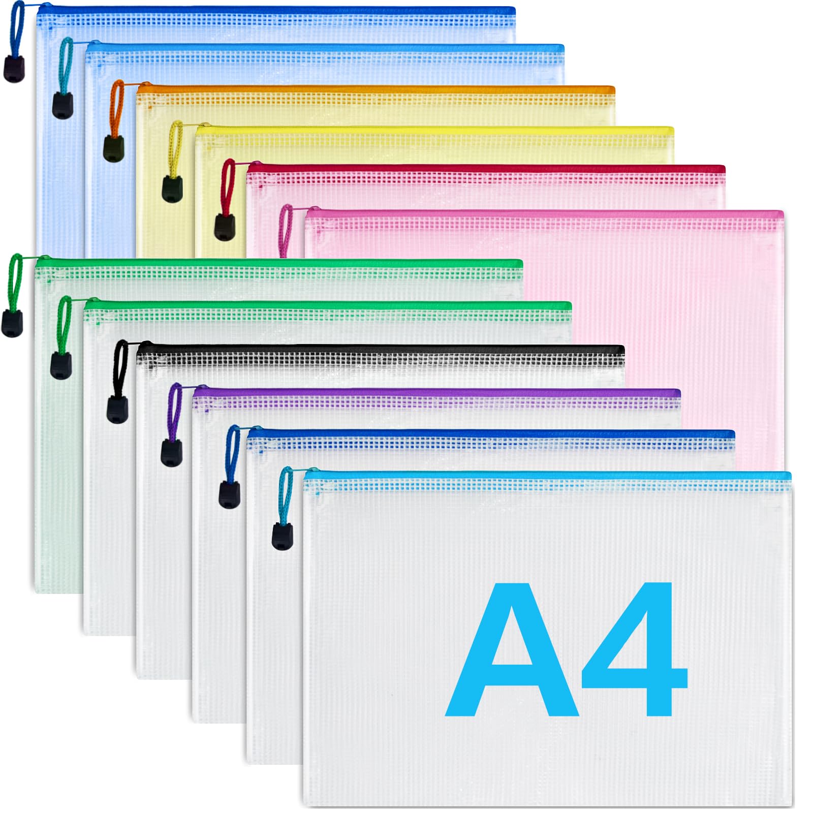 Koogel 12PCS Mesh Zipper Pouches, A4 Size Zipper Pouch for Organizing, Waterproof Zipper Bags Small Zipper Pouch for School Supplies, Office Supplies, Travel Storage