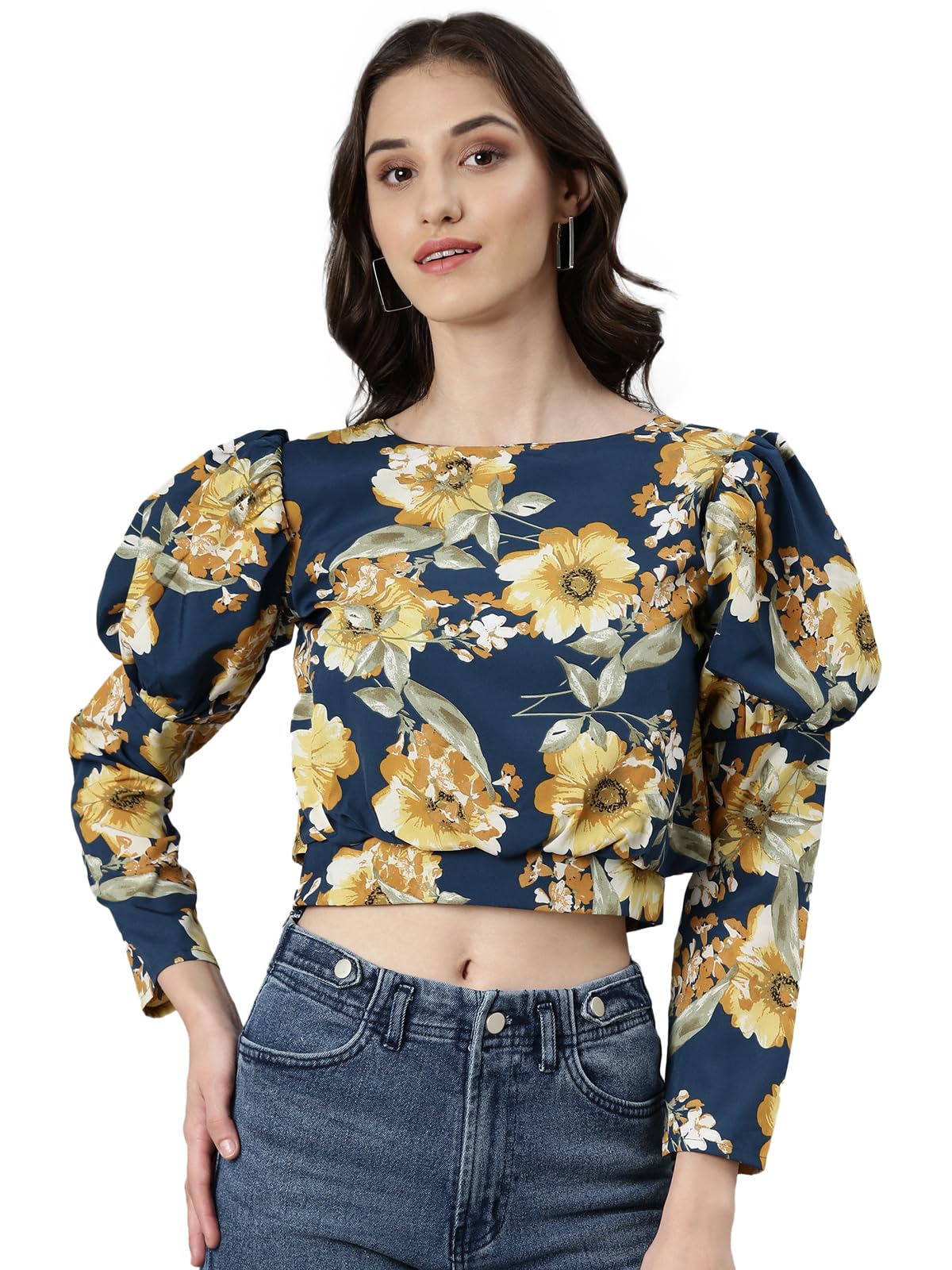 SHOWOFF Women's Floral Puff Sleeves Teal Blouson Crop Top-AE-10755_Teal-image-40