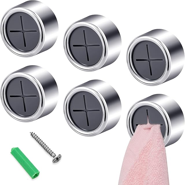 FUYOAL 6 Pcs Tea Towel Holders, Round Self-Adhesive Tea Towel Hooks Push in Towel Holders for Kitchen Bathroom and Home, No Drilling Required