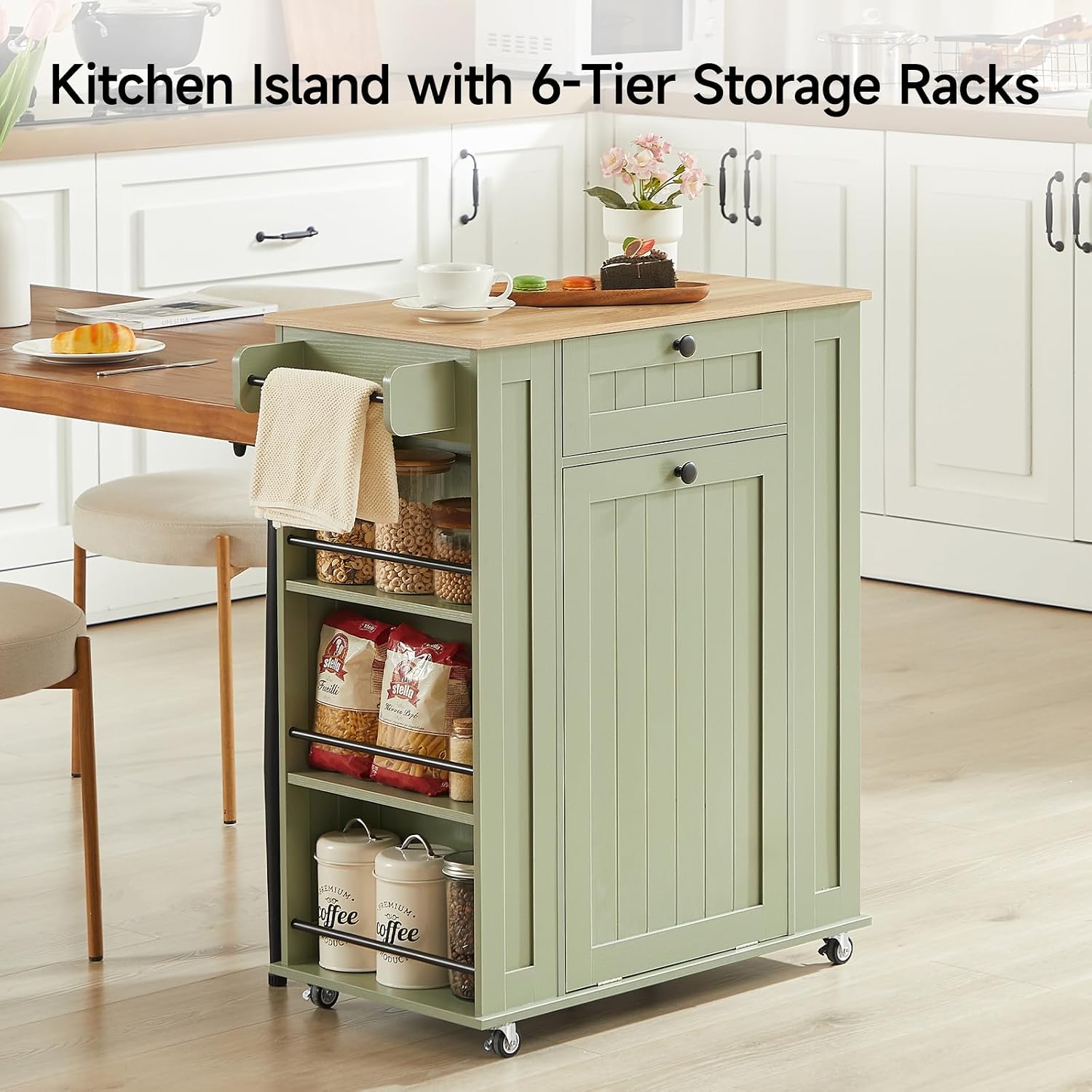 ONBRILL 35" Kitchen Island with Trash Can Cabinet & Power Outlet, Rolling Kitchen Cart with Storage Drawer, 6-Tier Spice Rack, Portable Sideboard Table for Dining Room, Living Room, Green