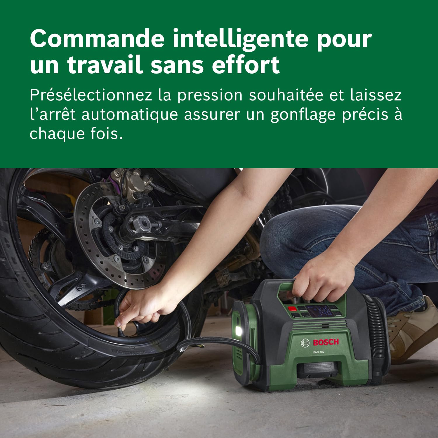Bosch Compresseur d’air sans fil PAO 18V (des pneus aux grands objets gonflables ; avec clip de pompe à air pour valve de pneu, valve française (Presta), aiguille à ballon, adaptateur de débit)