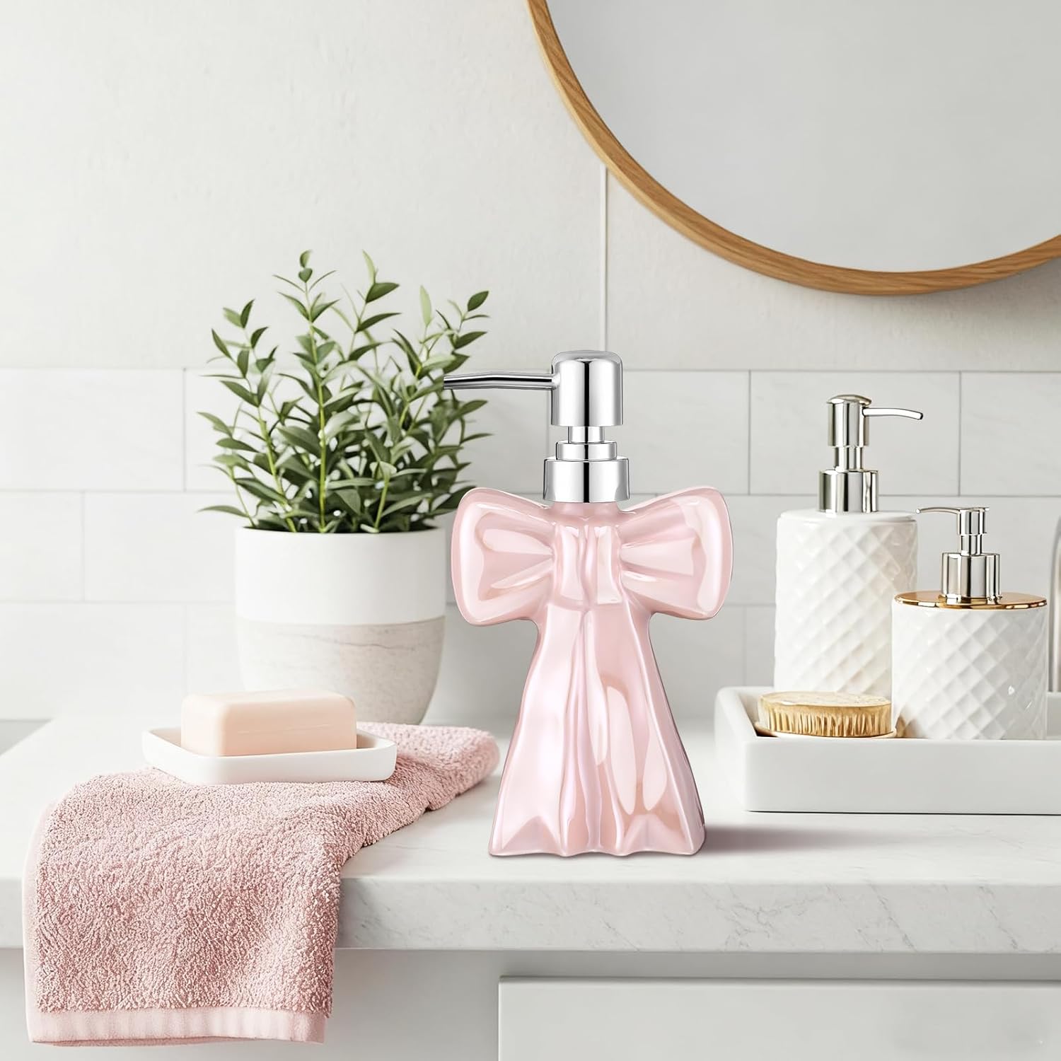 3D Ceramic Pink Bow Soap Pump Dispenser Hand Lotion Liquid Dispenser Refillable Bathroom Decor Cute Countertop Accessory for Kitchen Restroom Decorative - Image 5