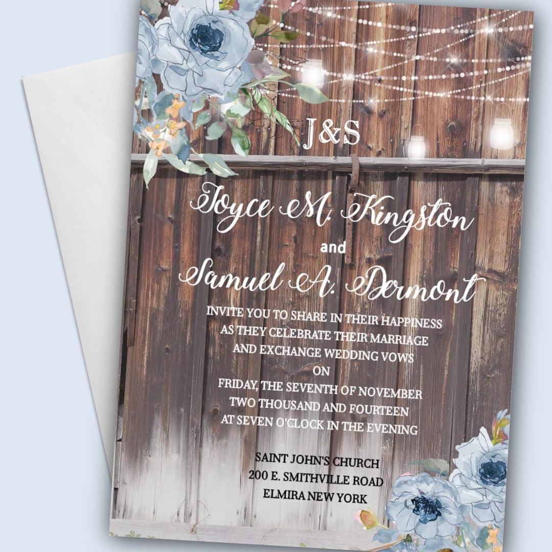 Rustic Custom Dusty Blue Rose Glossy Thick Personalized Set of 15 Wedding Invitations With Envelopes, Country Weddings and Anniversary Event