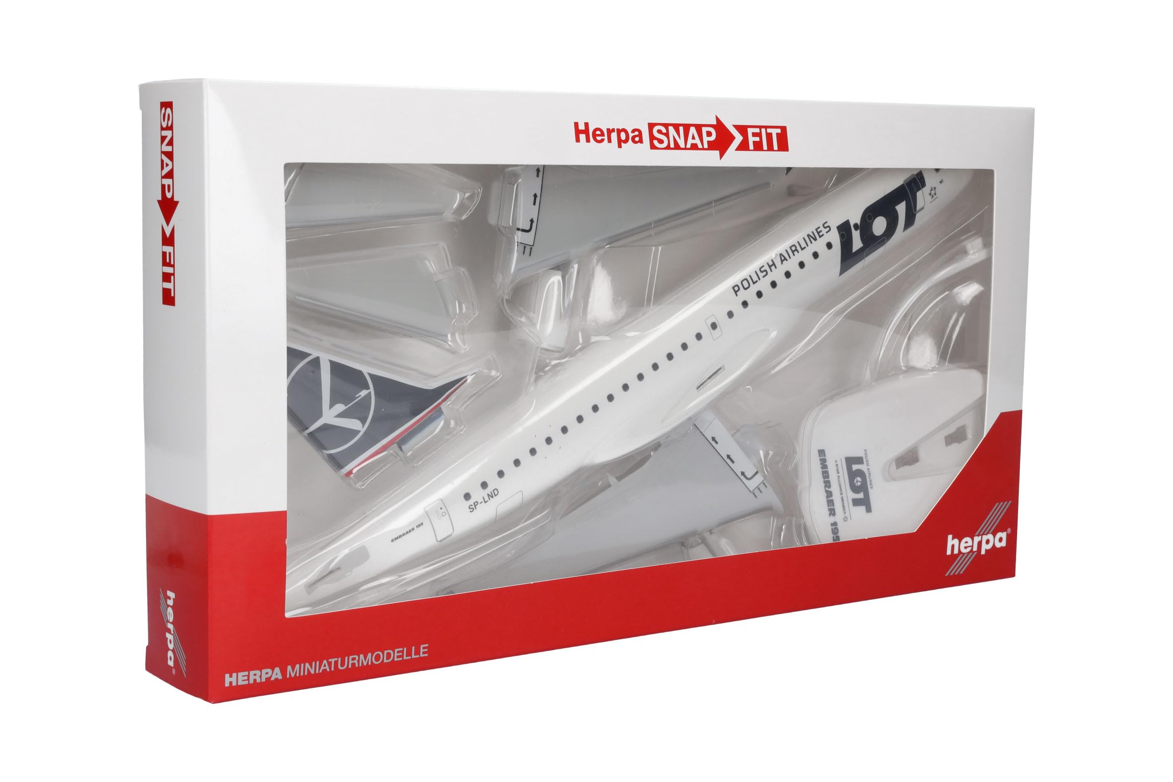 Herpa Snap-Fit Modellino di aereo LOT Polish Airlines Embraer E195 - SP-LND, miniatura in scala 1:100, pezzo da collezione, modello con base, plastica