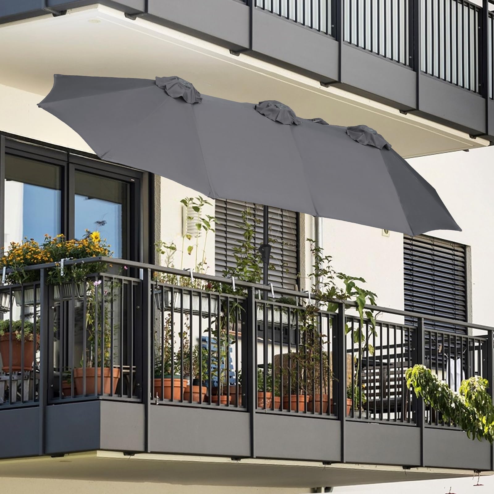 Sekey Doppelsonnenschirm mit Kurbel, UPF 50+ Sonnenschutz, XXL Garten-Sonnenschirm für Terrasse, Balkon, Strand