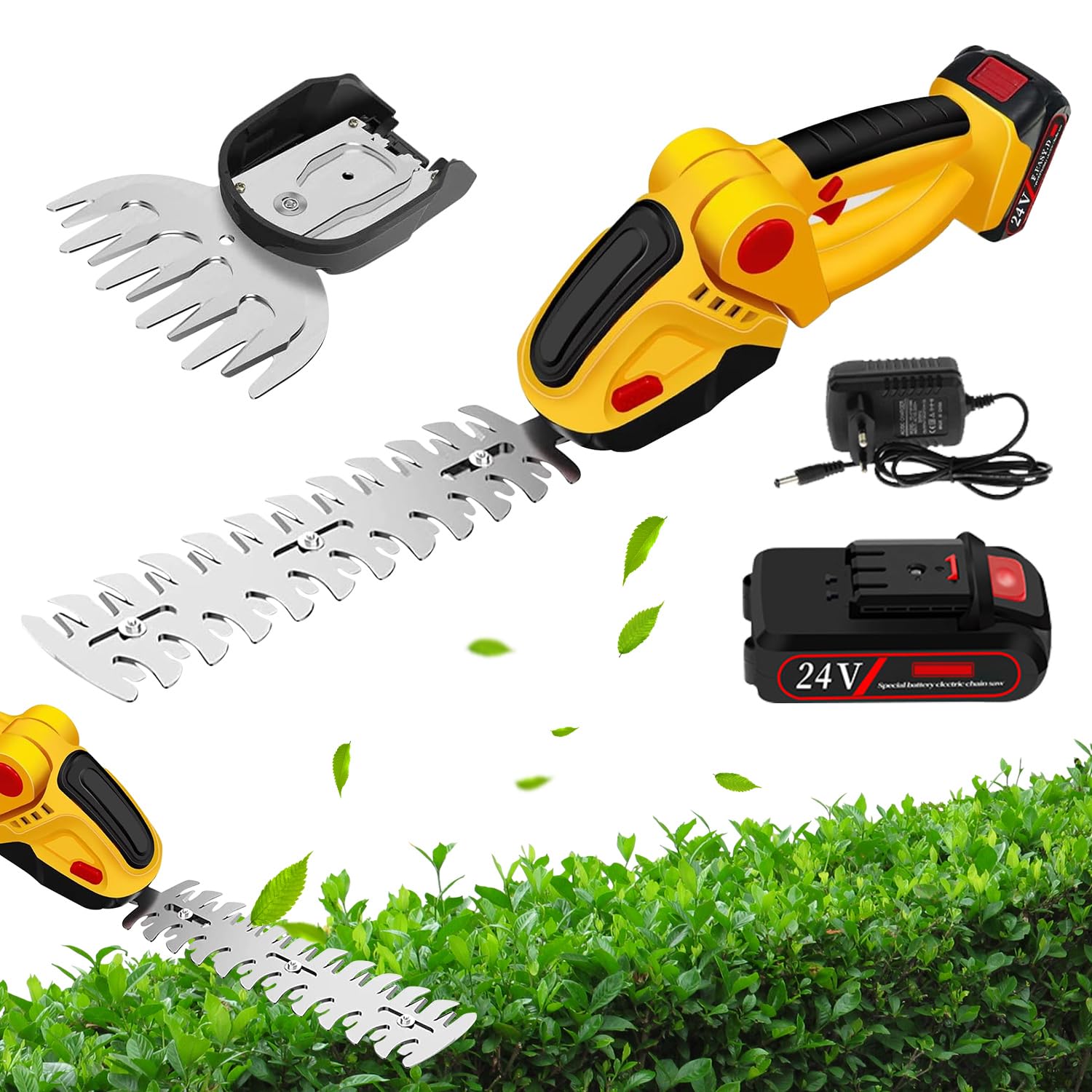 Tijeras de Podar con Batería, 24V 2 en 1 Tijeras de Césped Inalámbricas y Cortasetos con Batería Recargable de Iones de Litio y Cargador, Recortadora de Setos Electricas de Mano para Jardín y Césped