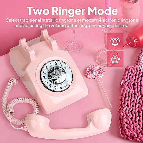 Miniatura 4 de Sangyn Teléfonos fijos rotativos retro rosa con timbre mecánico, control de volumen, redireccional, no requiere alimentación de CA, teléfonos con