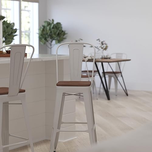 Miniatura 6 de Merrick Lane Taburete de bar Amsterdam de metal blanco de 30 pulgadas de alto con respaldo y asiento de madera Blanco,Oro negro